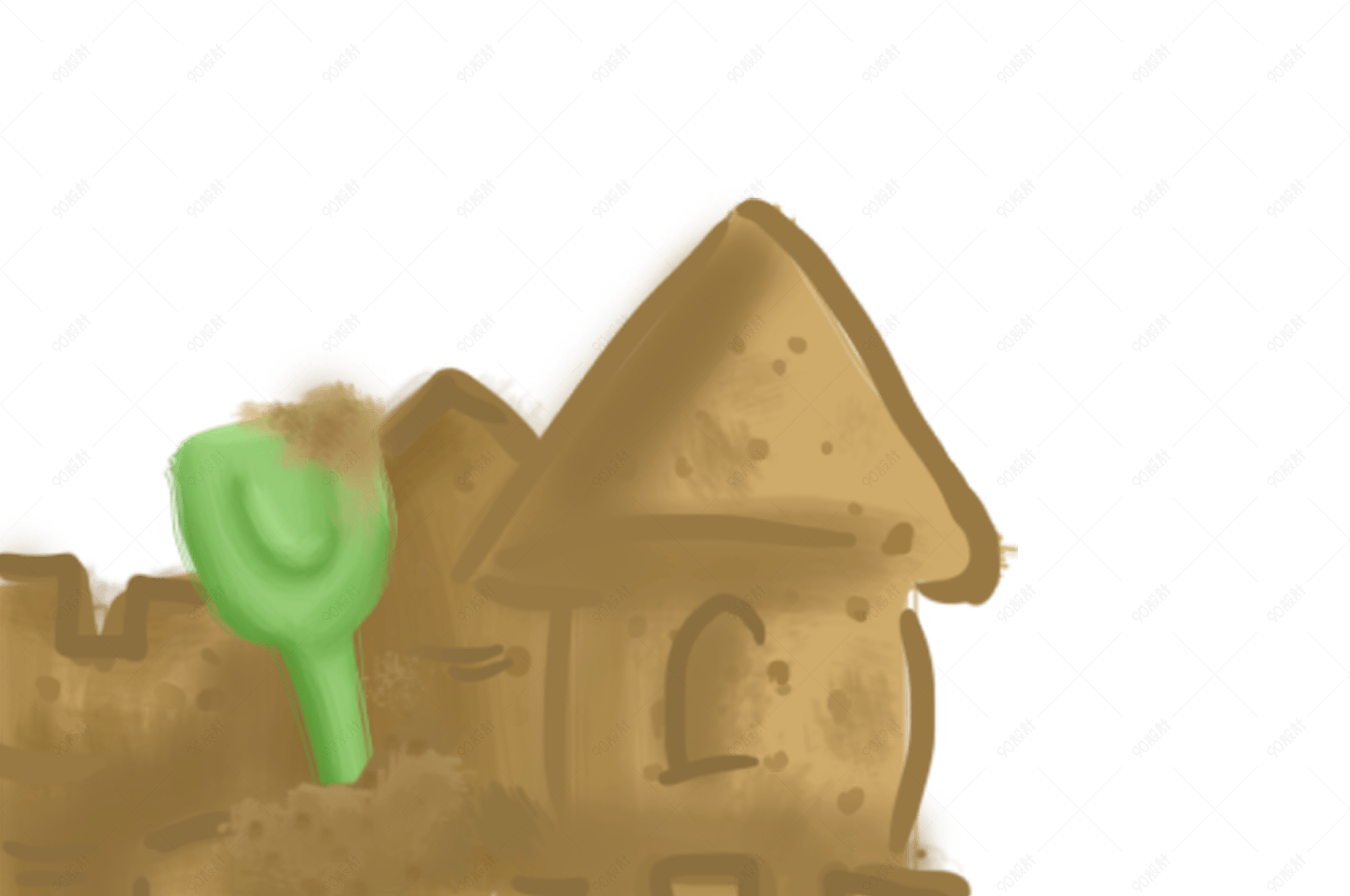 春天夏天海边沙滩度假沙子城堡手绘插画psd