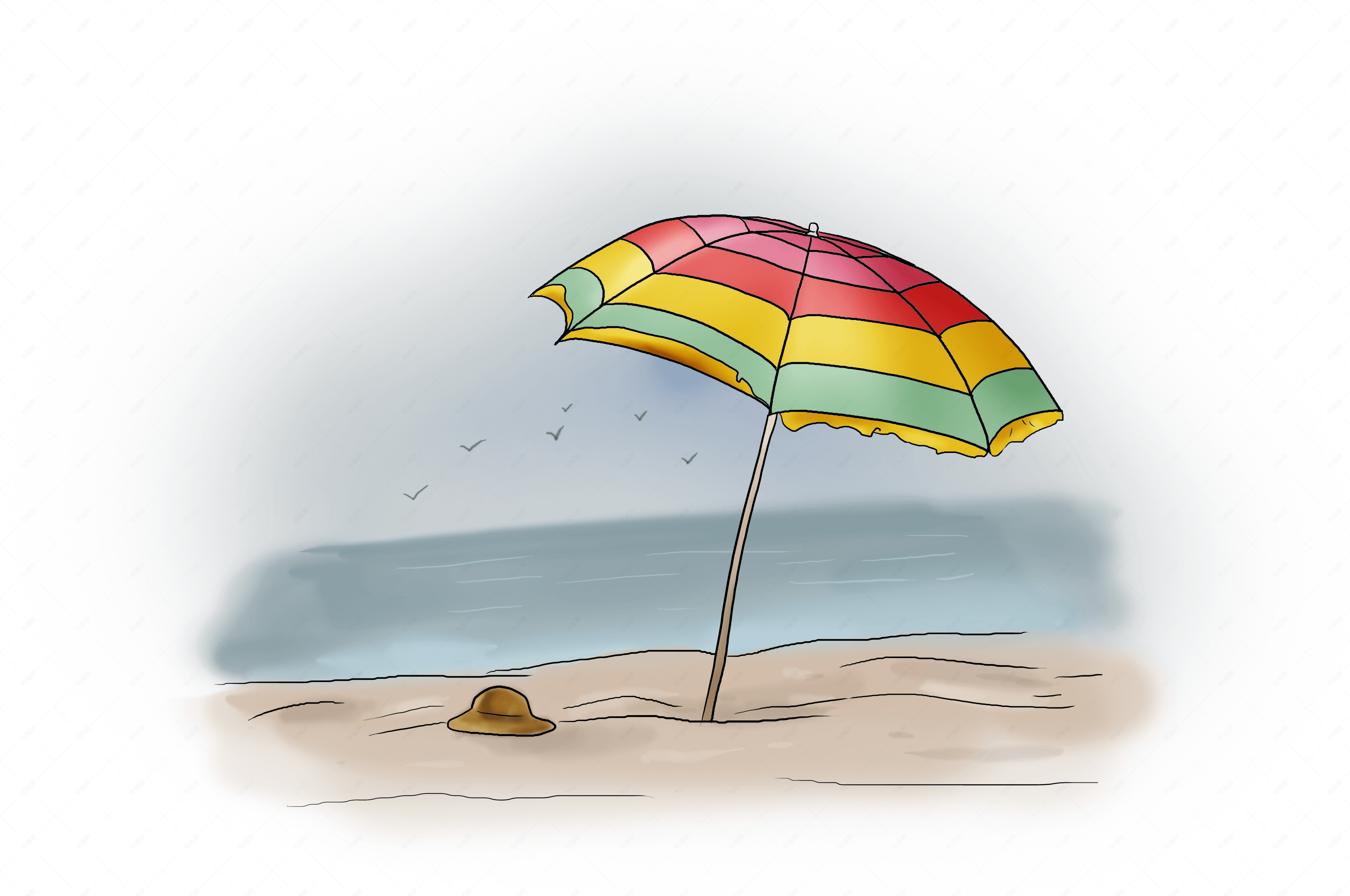 旅游季手绘沙滩遮阳伞