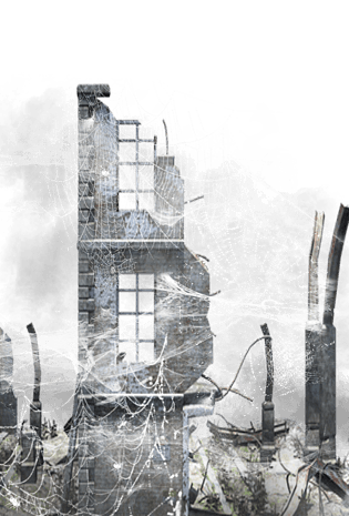 灾难废墟楼房坍塌蜘蛛网元素