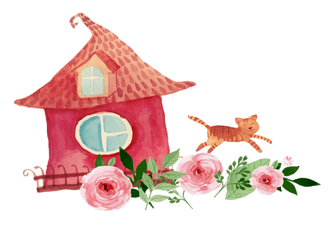 免抠卡通手绘粉色房子小猫