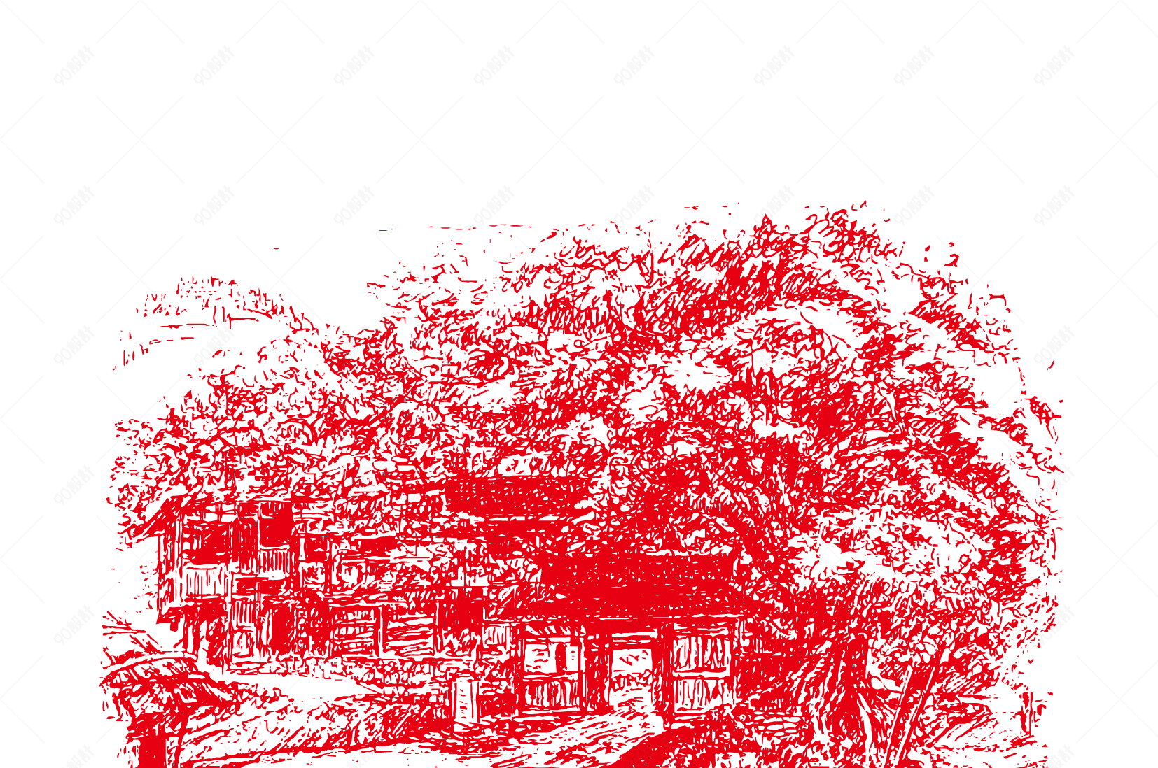 红色素描风景原创包装装饰图