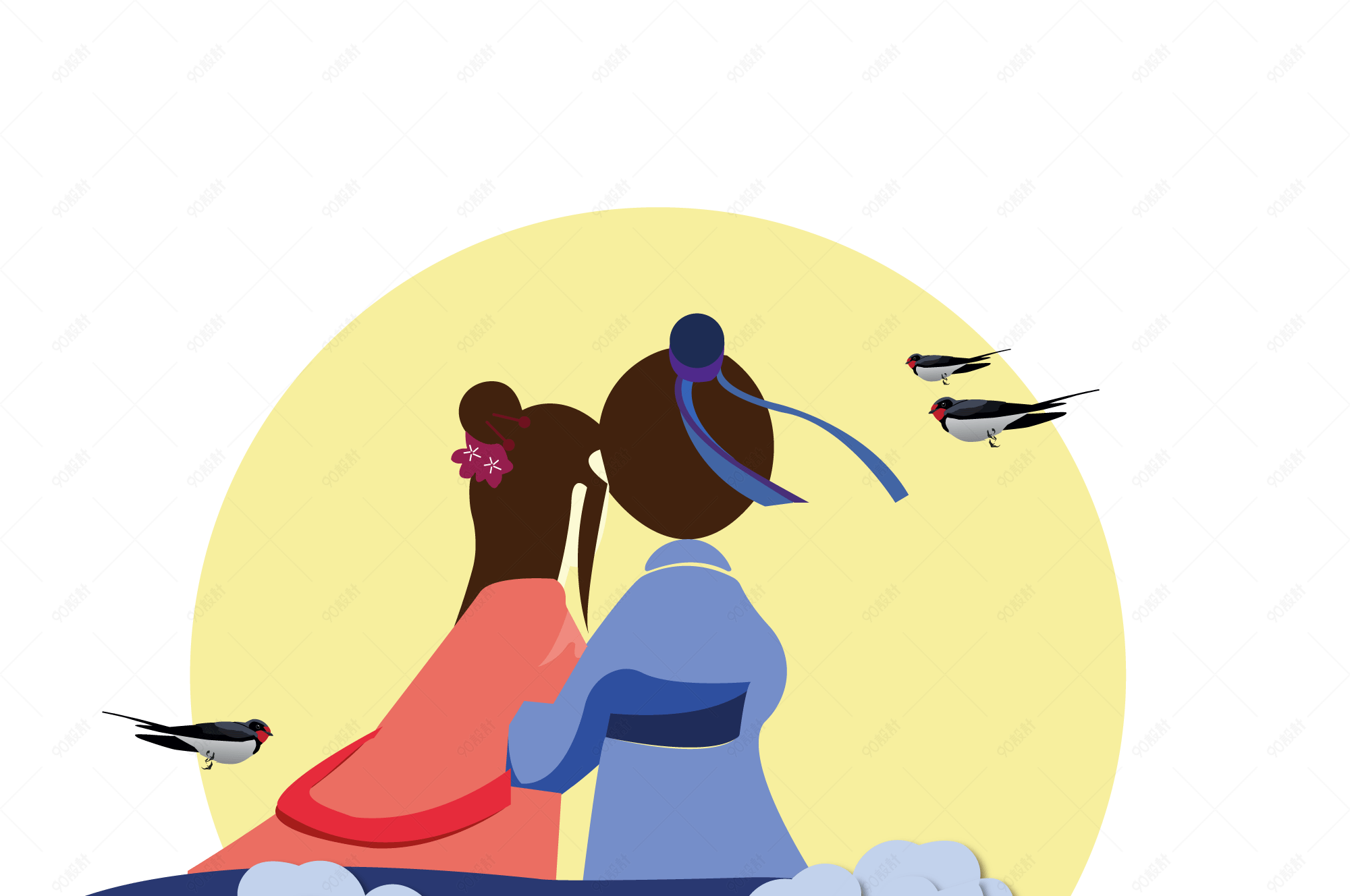 七夕情人节手绘牛郎织女矢量图