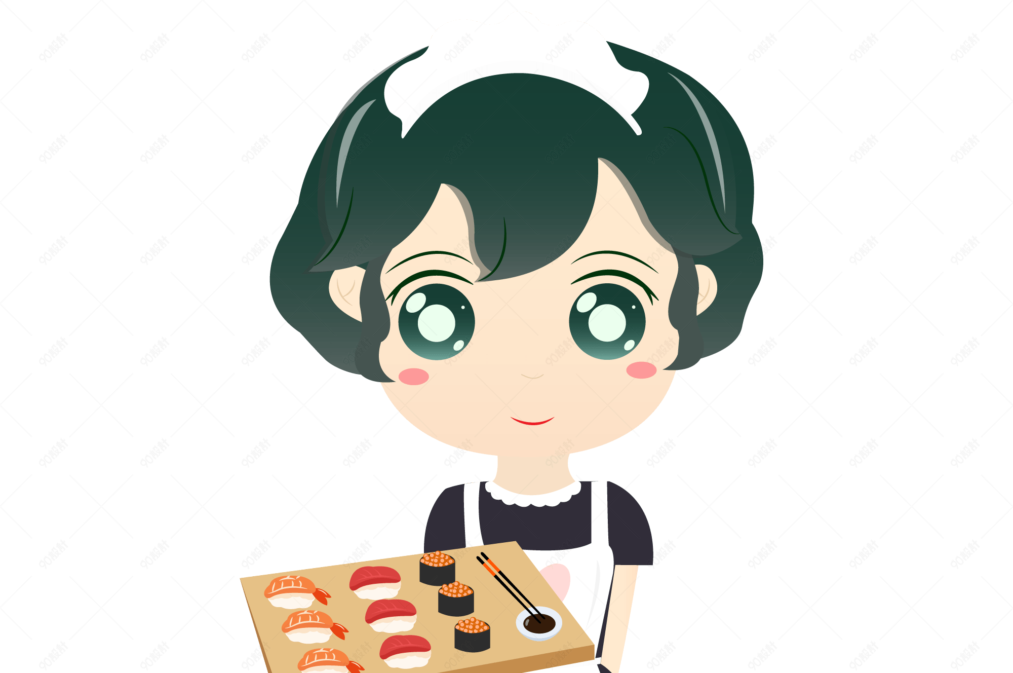 美食节可爱寿司女仆端菜矢量插图