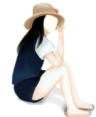 手绘卡通坐在地上思考的女生