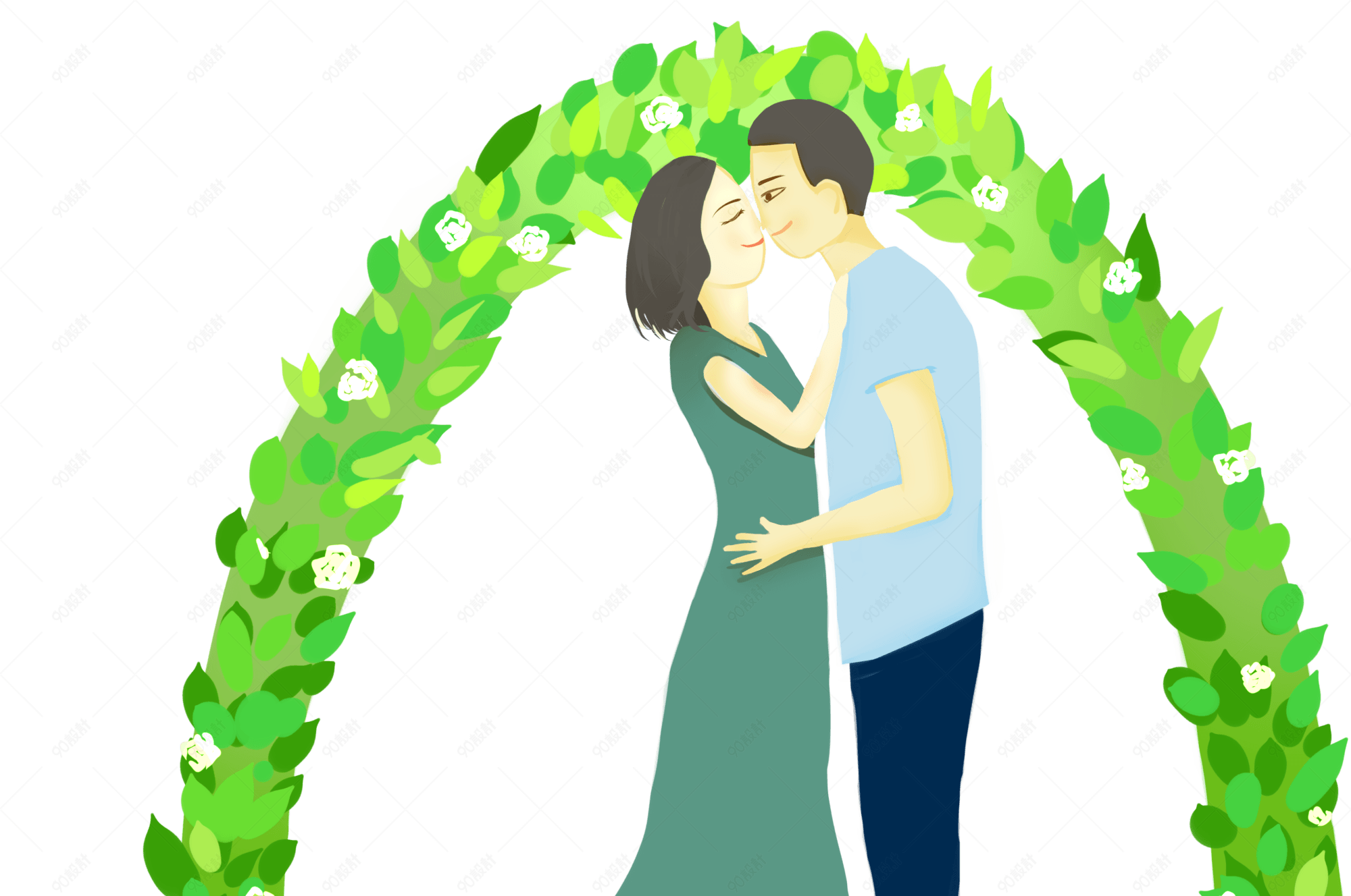 绿色情人节情侣亲吻手绘插图