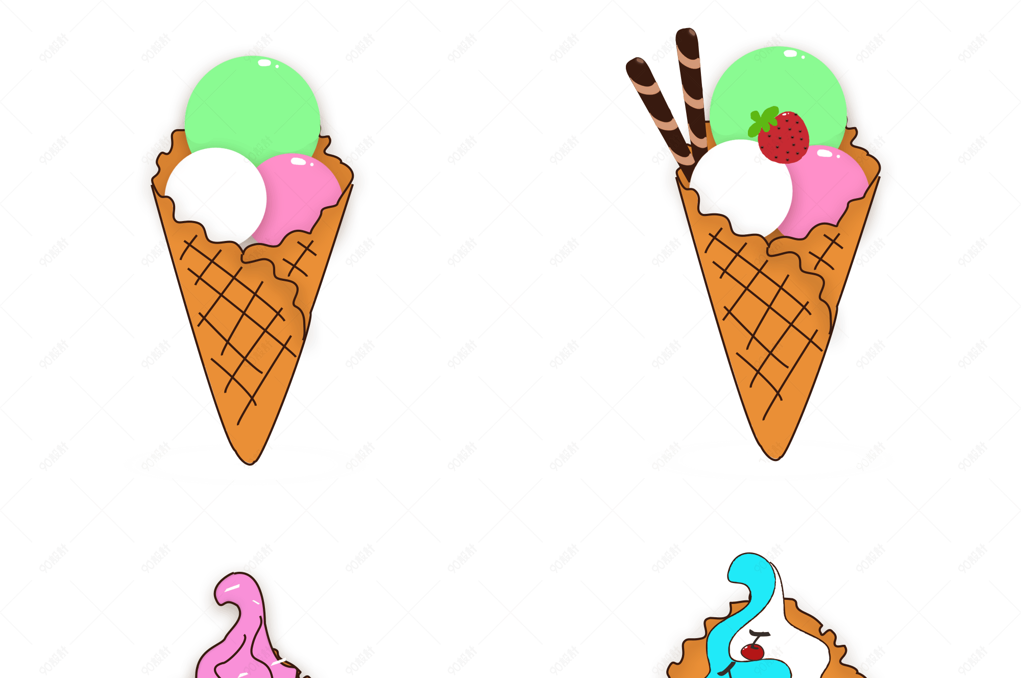 夏天彩色冰激凌手绘矢量图