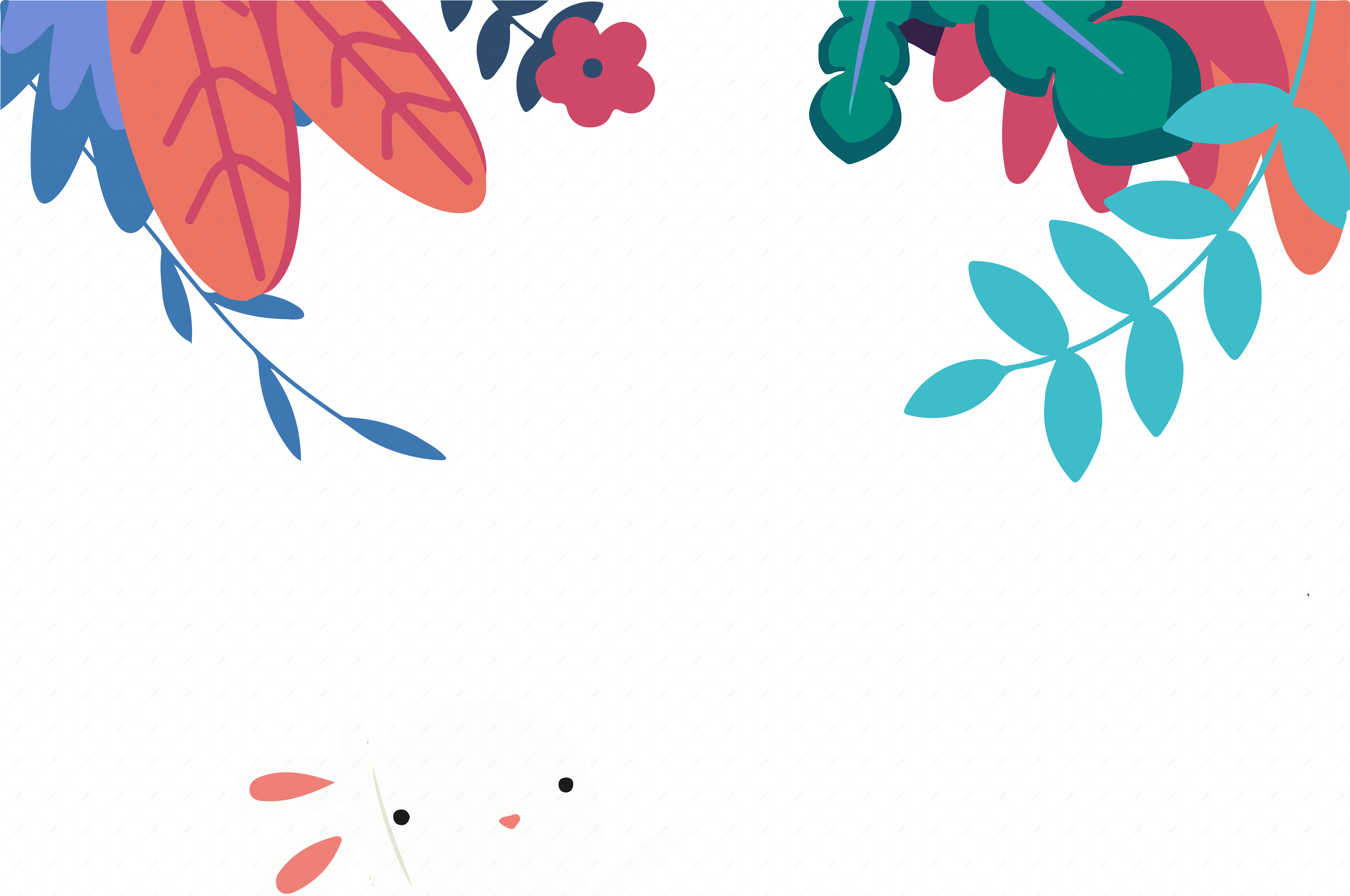 夏季手绘清新大叶植物装饰可爱卡通小兔子矢量插画