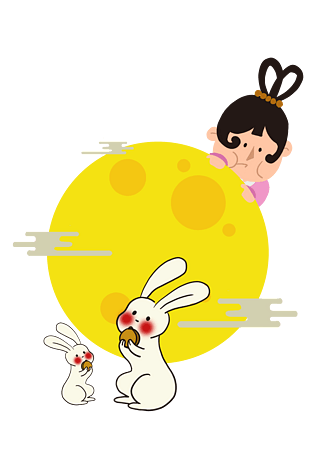 手绘中秋节吃月饼的嫦娥与玉兔png素材