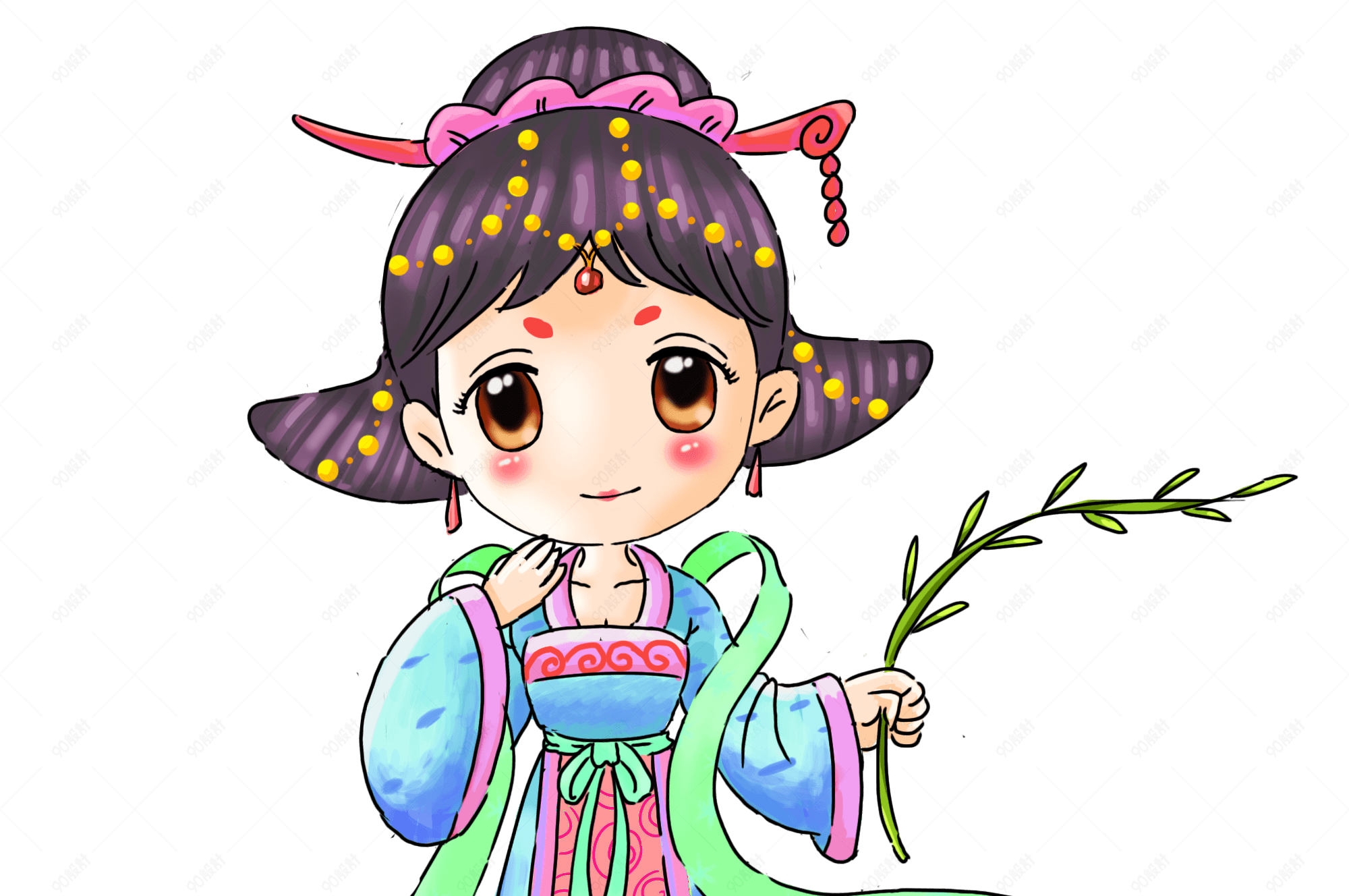 手绘手持柳条的侍女png素材