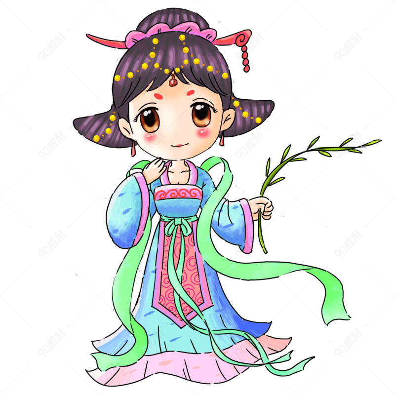 手绘手持柳条的侍女png素材