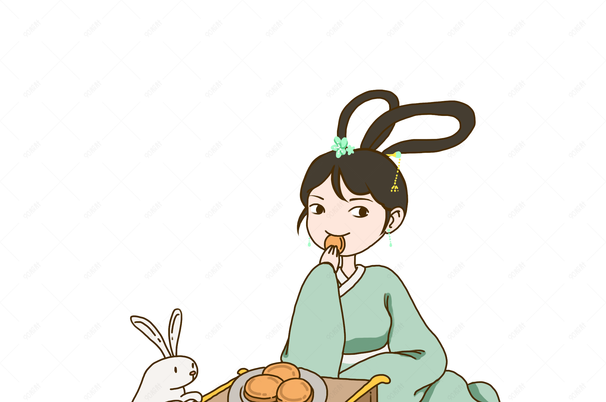 中秋节手绘插画嫦娥月兔吃月饼免抠元素下载