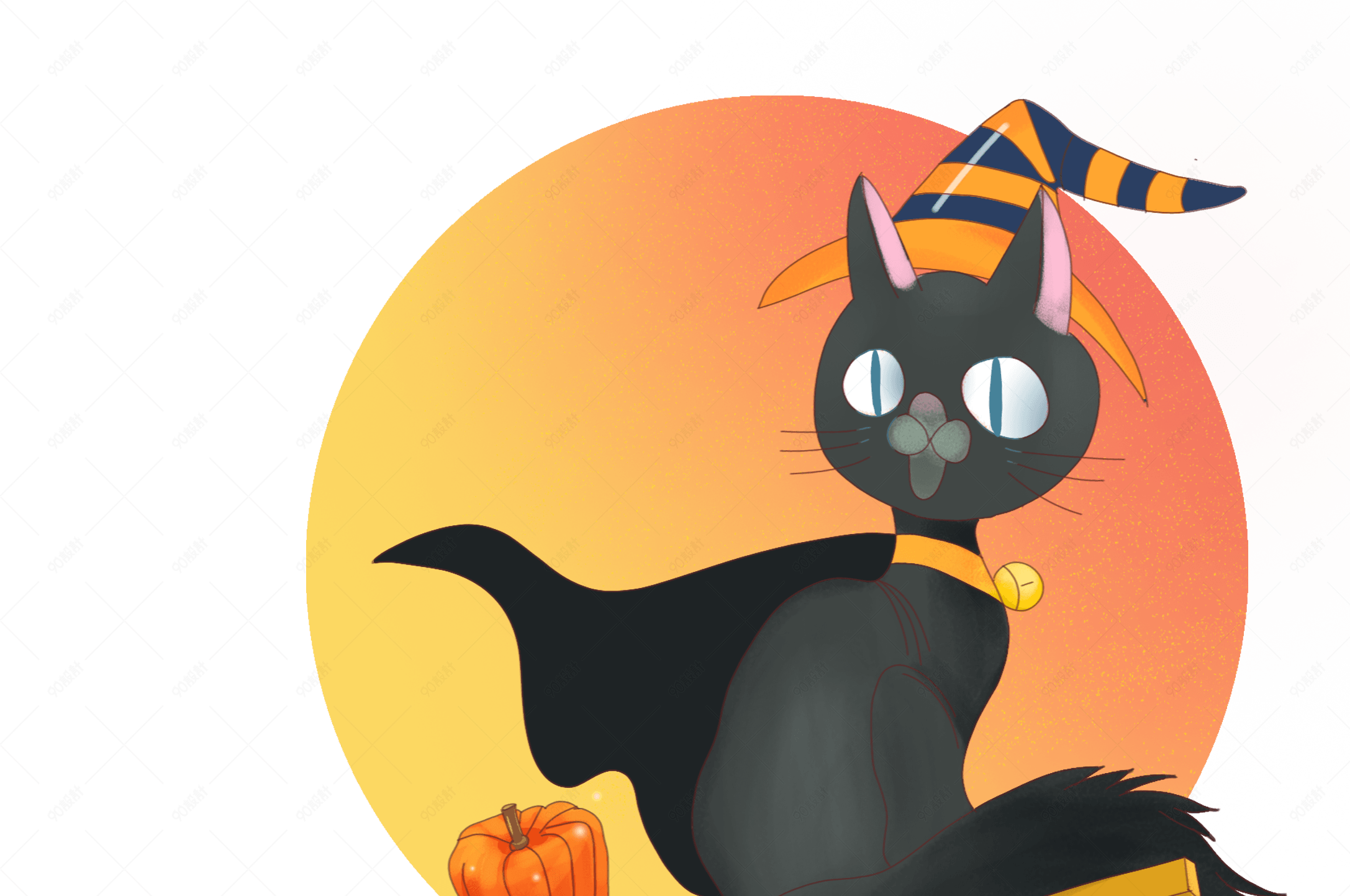 万圣节卡通手绘坐着扫把的可爱猫咪女巫