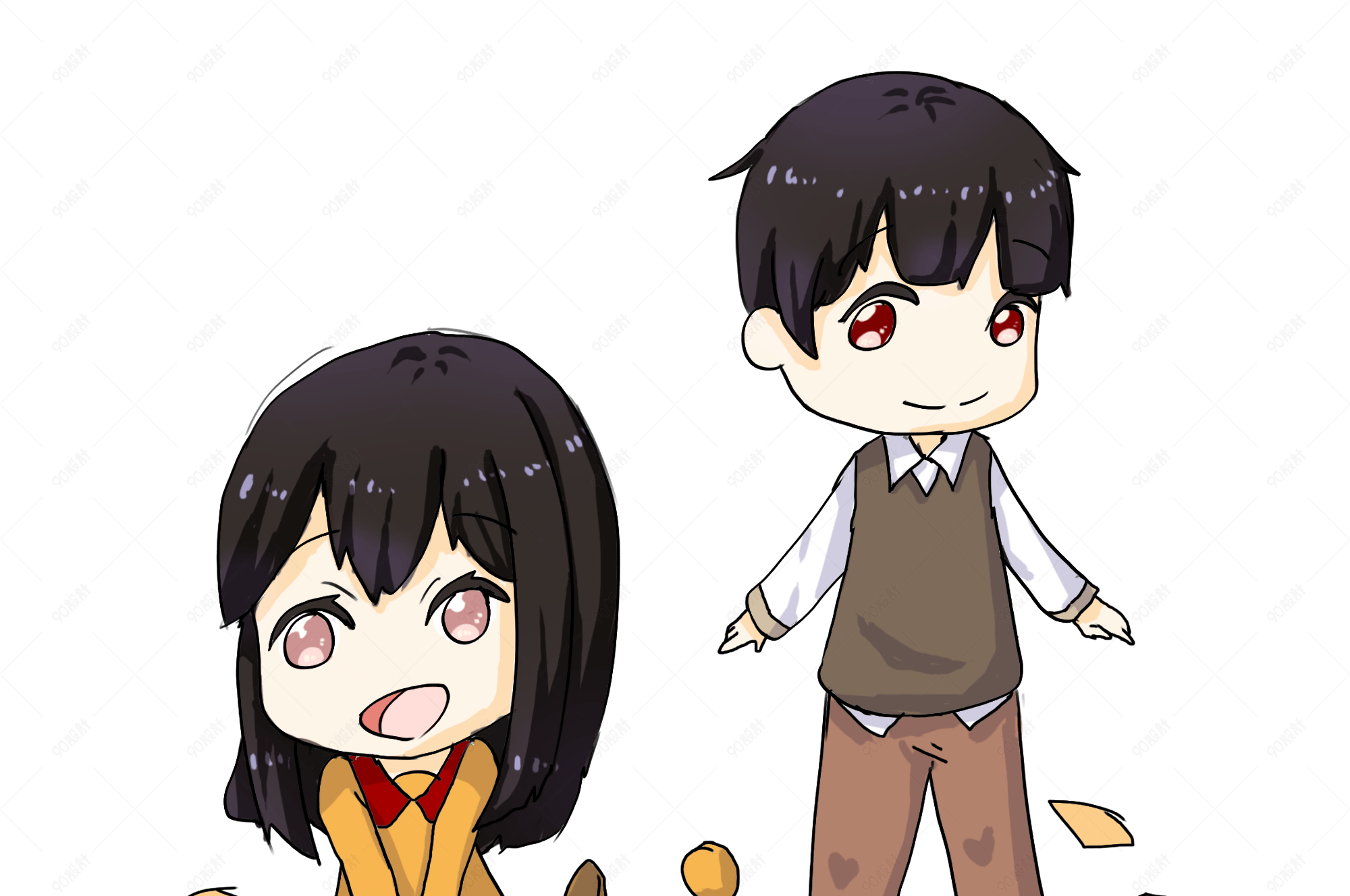 秋季男生女生可爱卡通形象插画