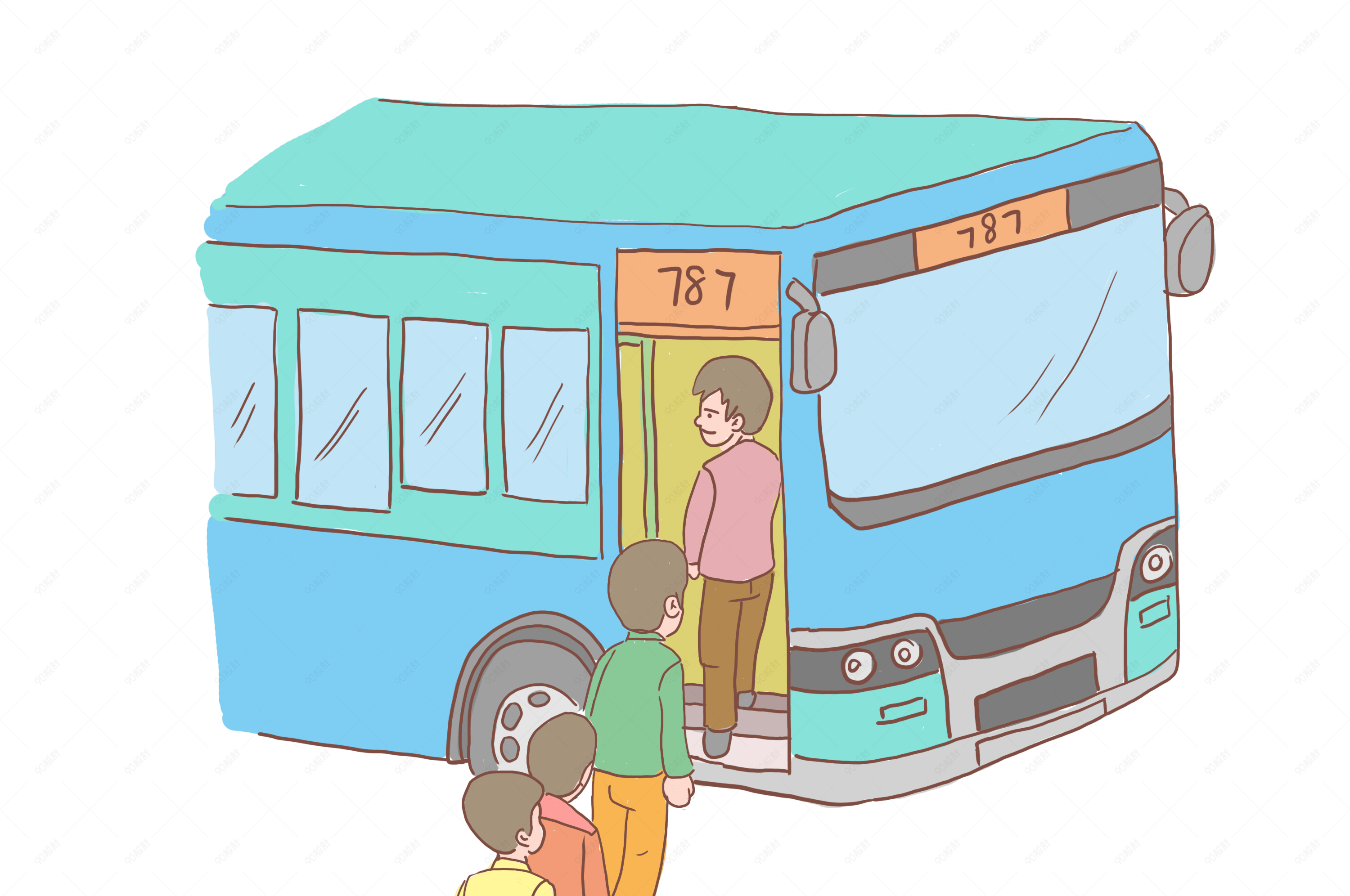 旅行排队坐公交车手绘卡通