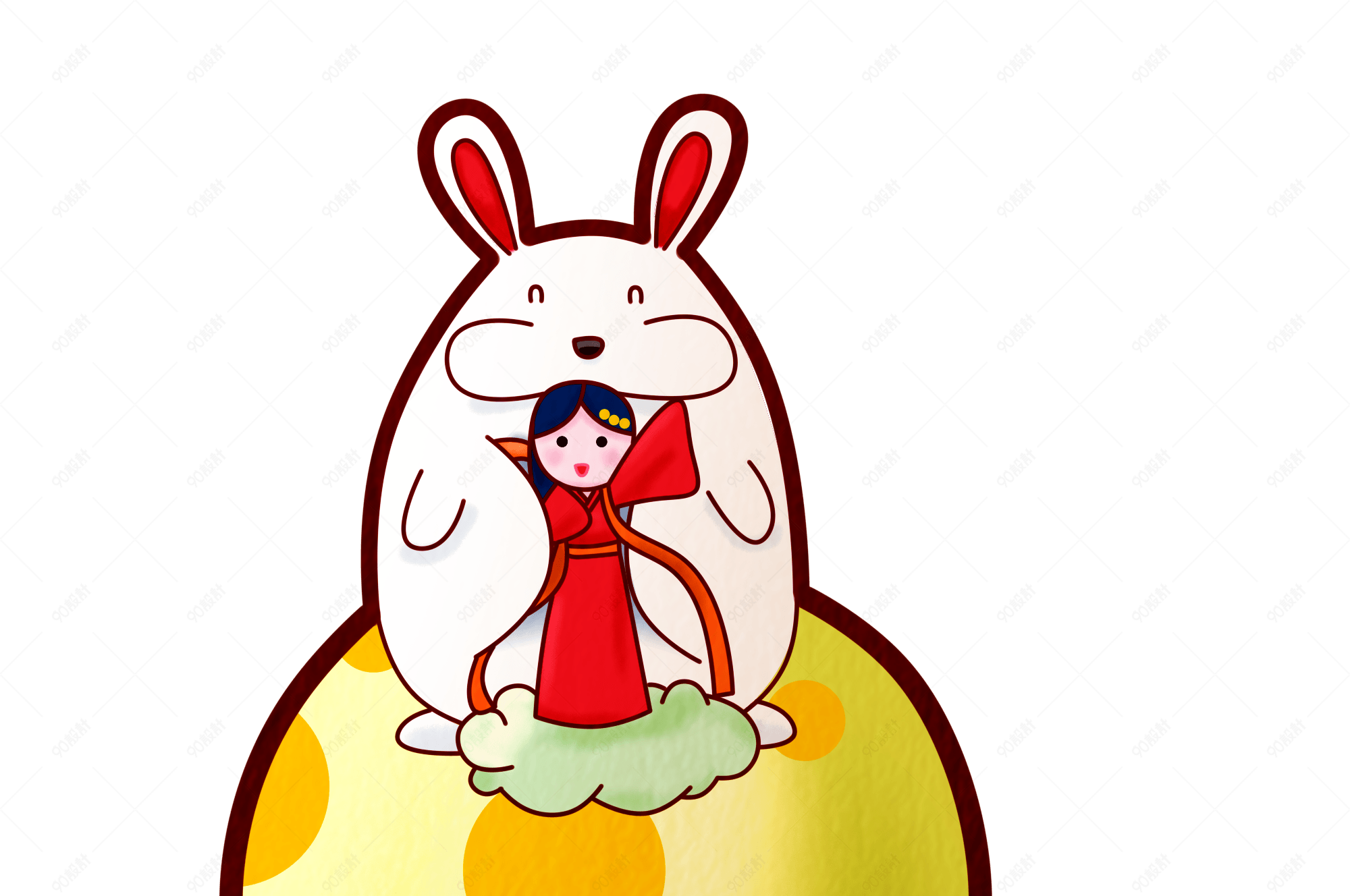 中秋节手绘月亮上的嫦娥兔子png免抠