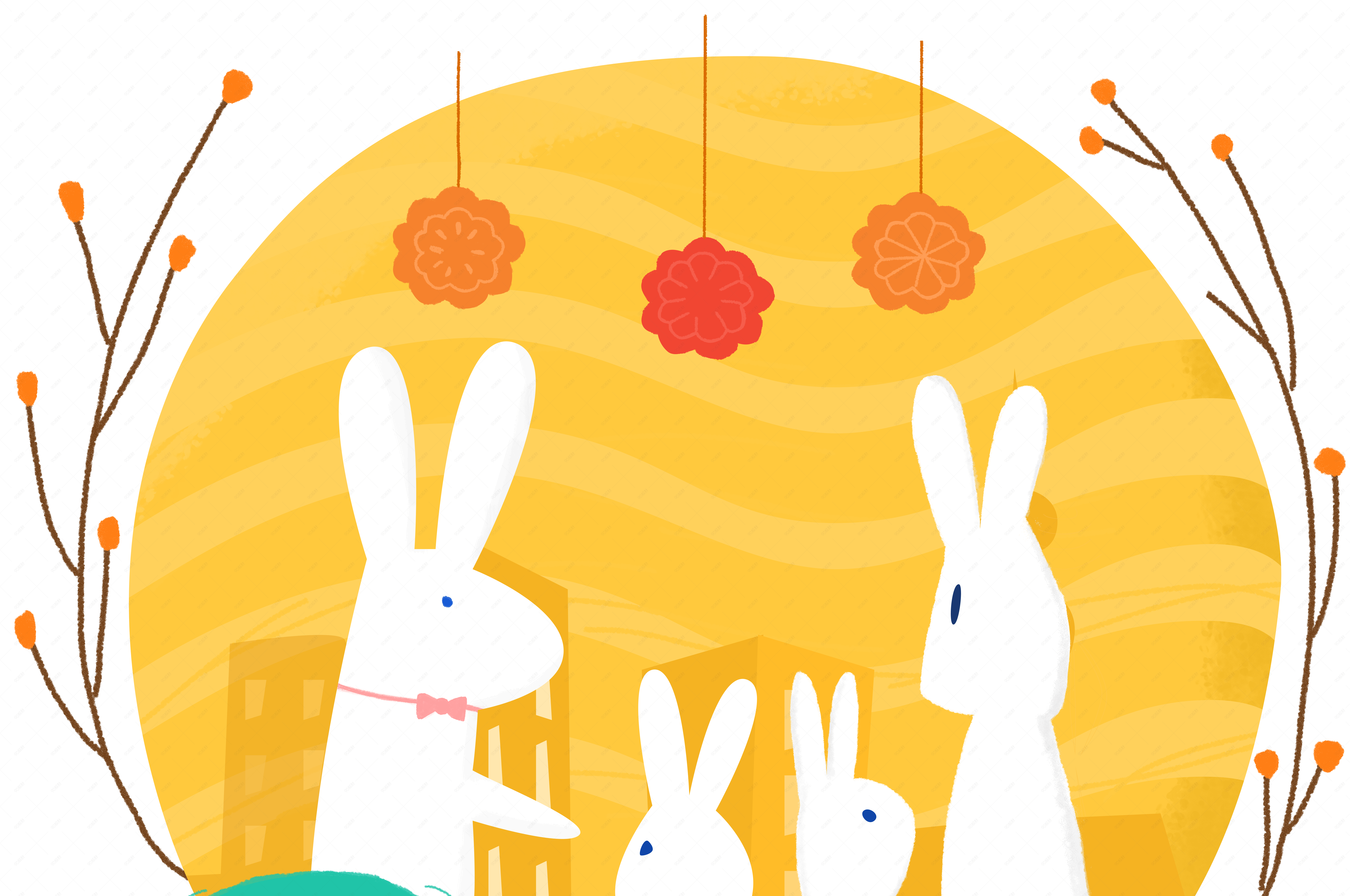 中秋节-月兔-圆月 全家团图案