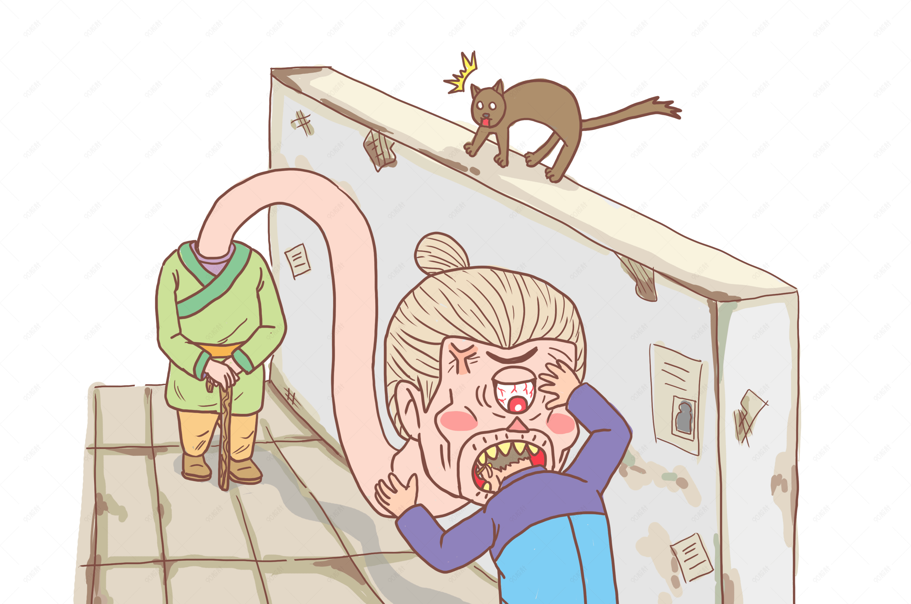 万圣节独眼怪老太婆吃人卡通手绘