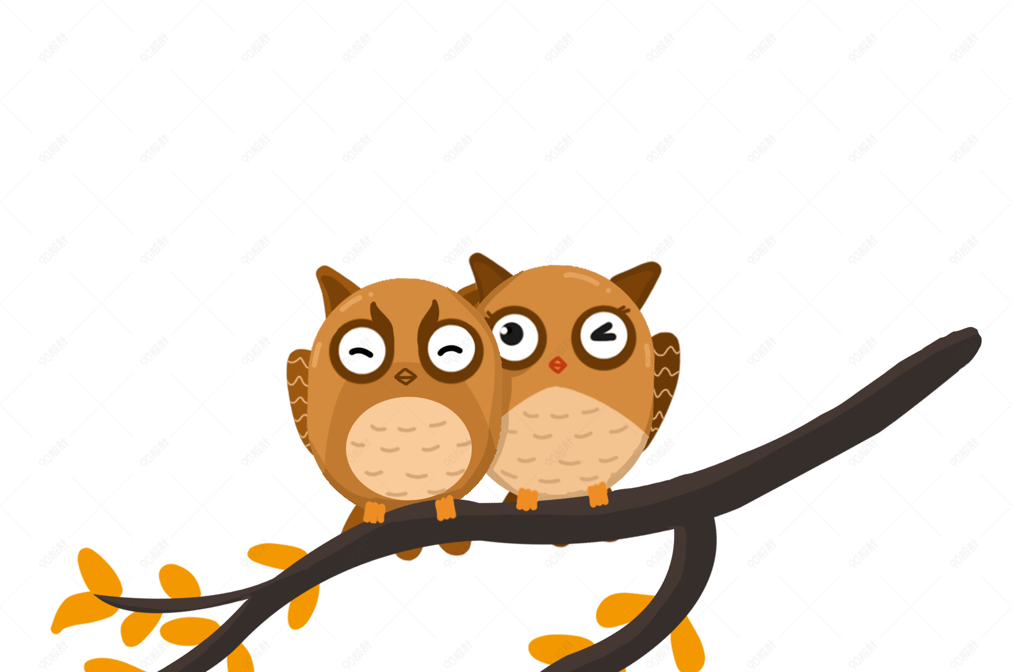 卡通情侣动物猫头鹰树枝插画