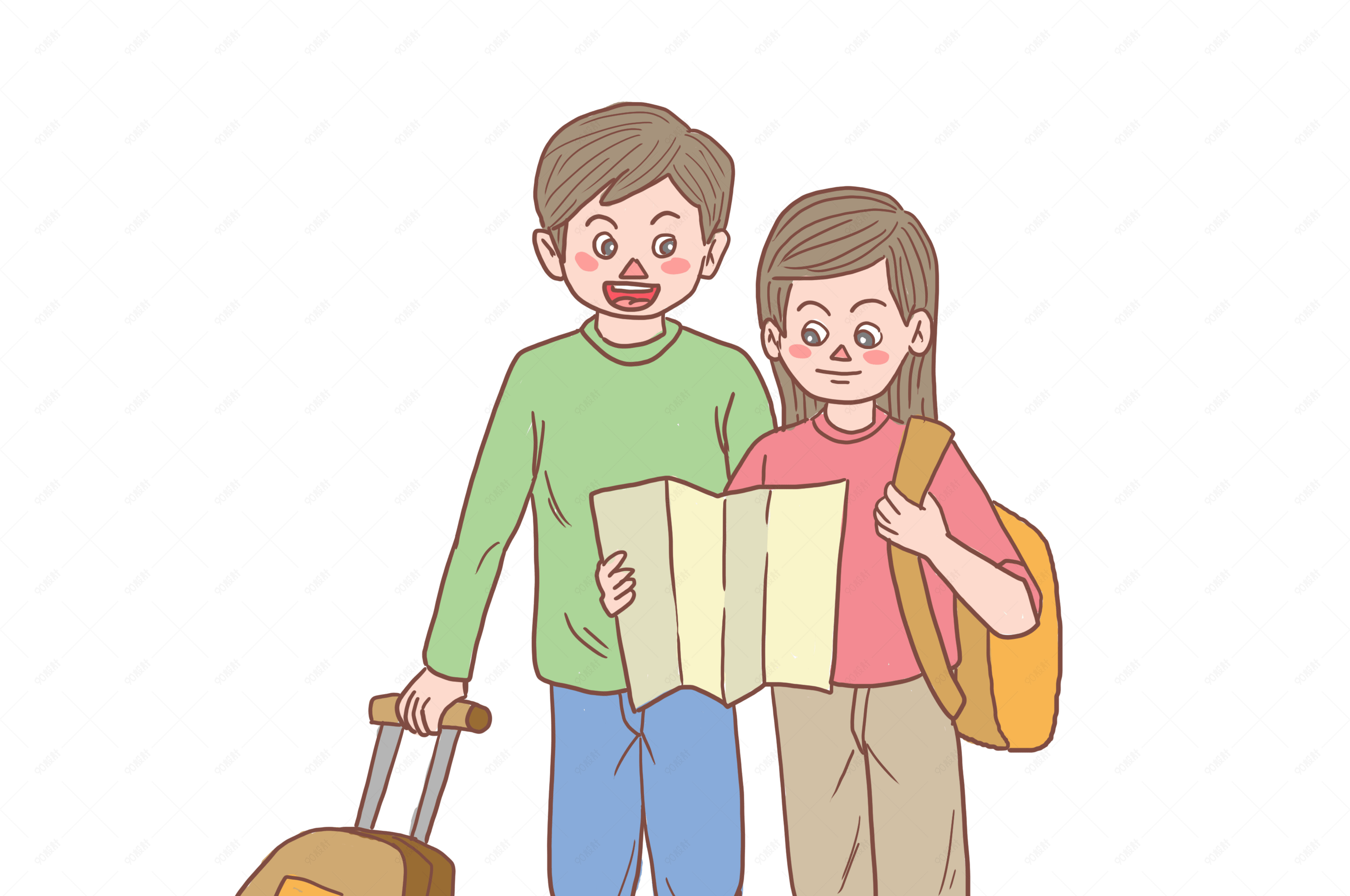 旅游姐弟两看地图手绘卡通