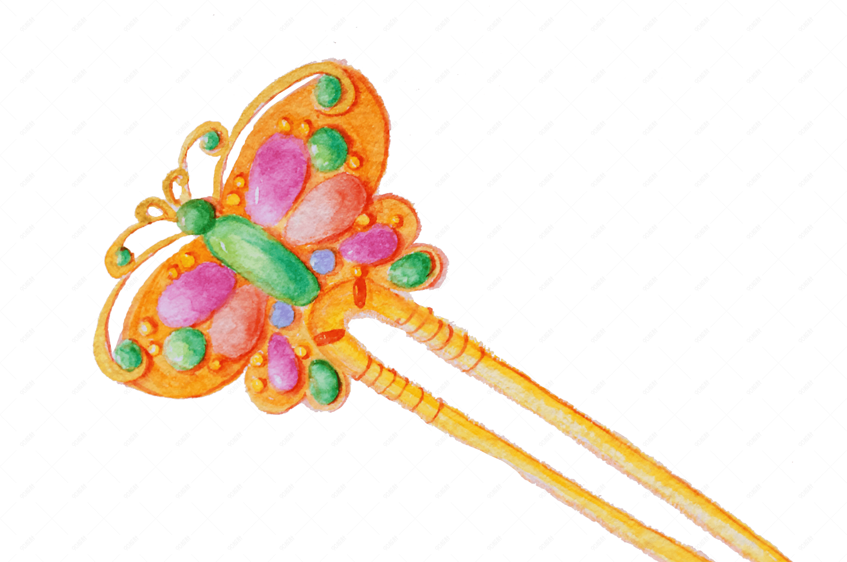 手绘古风金玉蝴蝶发簪插画