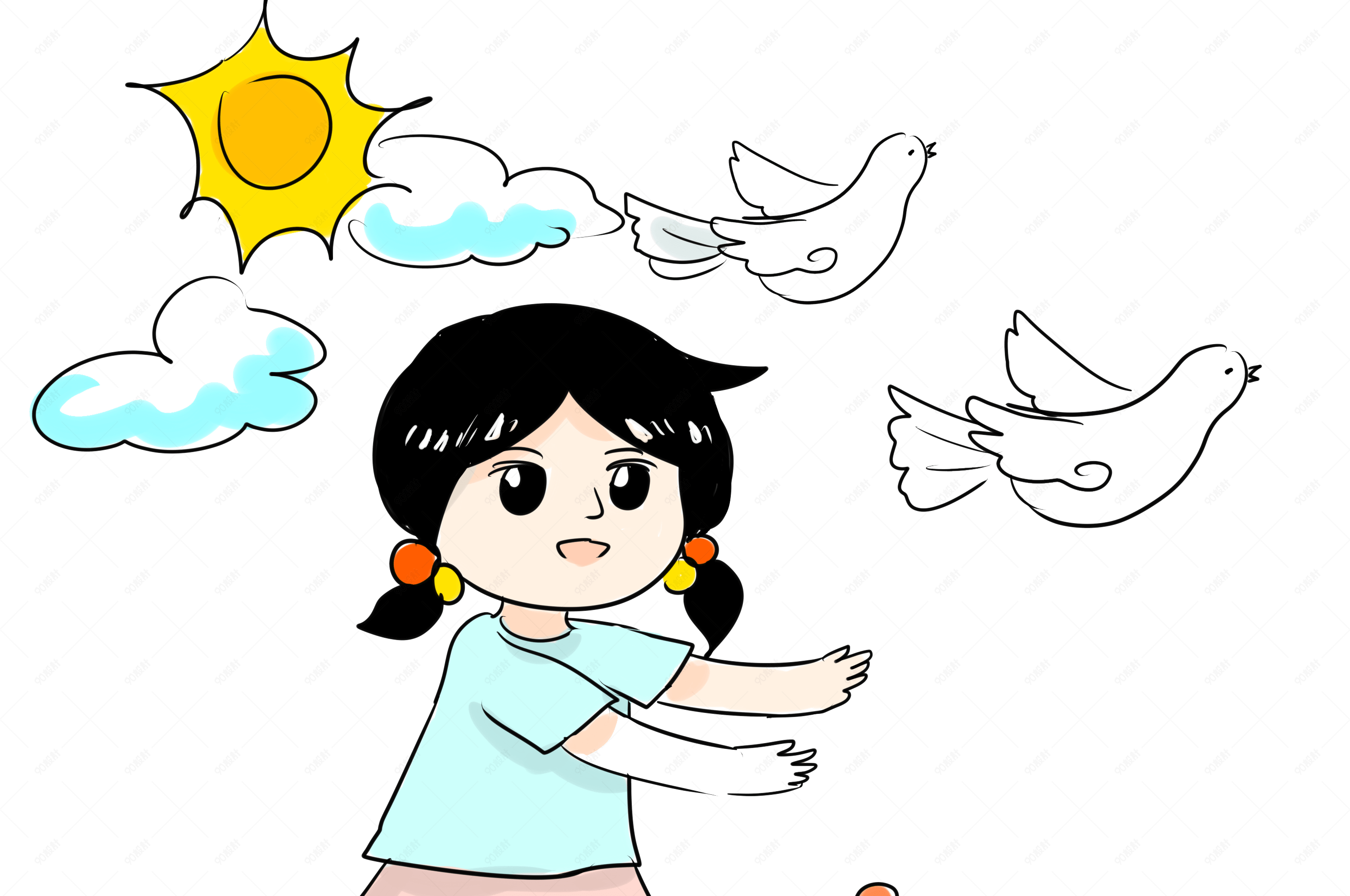 国庆节放飞白鸽手绘插画