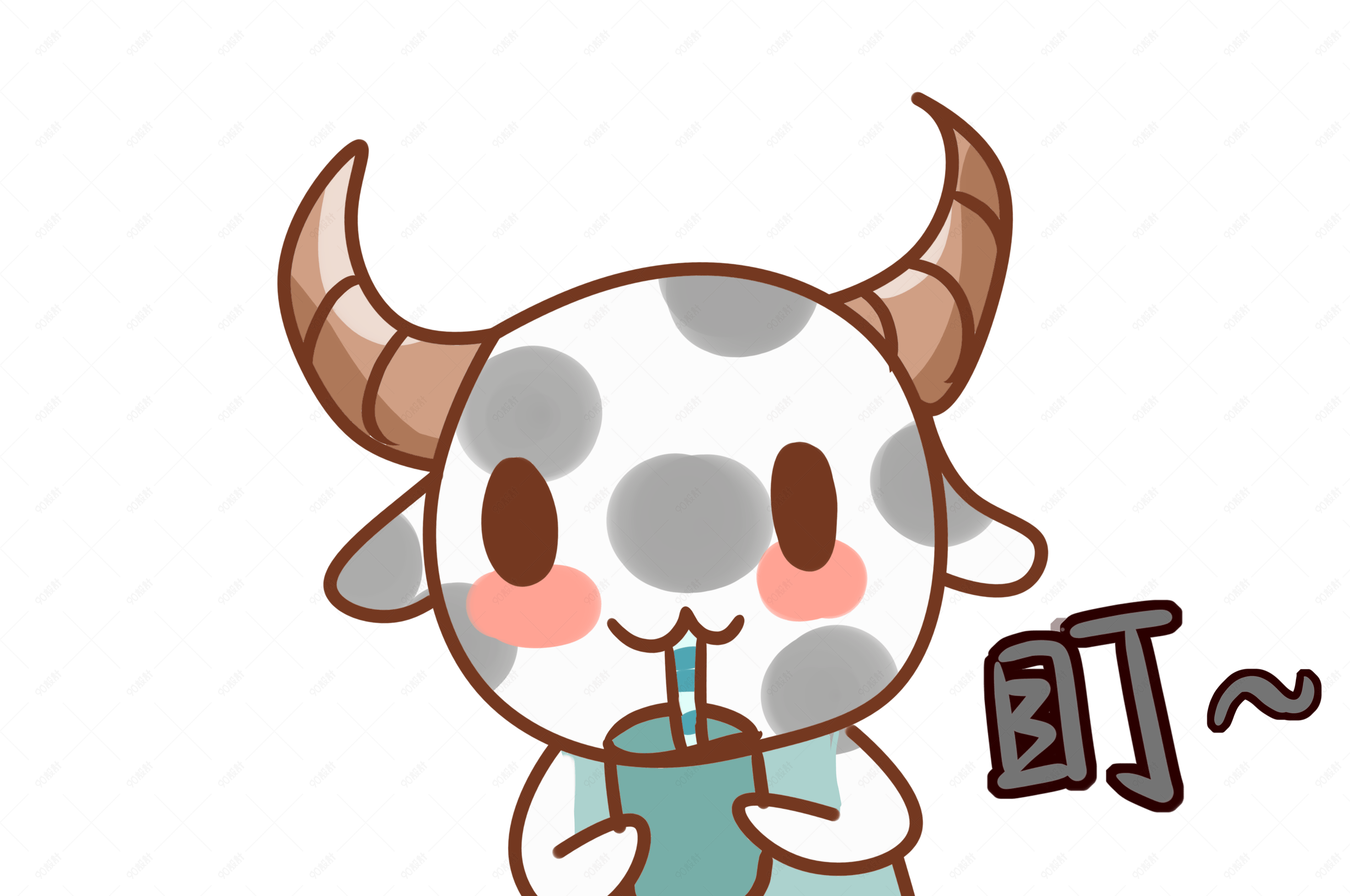 可爱小奶牛表情喝牛奶插画