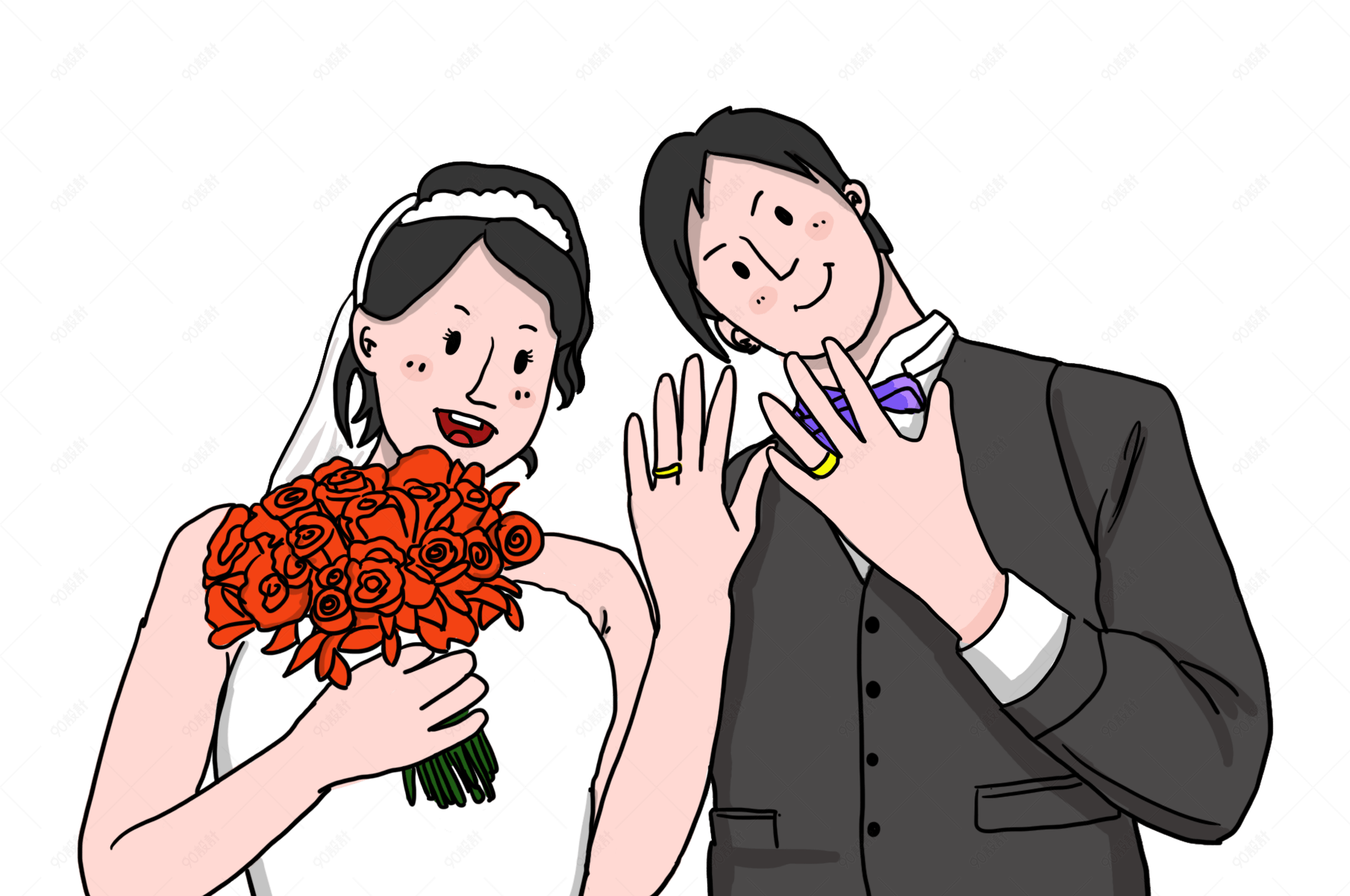 婚礼季新婚夫妻手拿玫瑰花展示钻戒插画