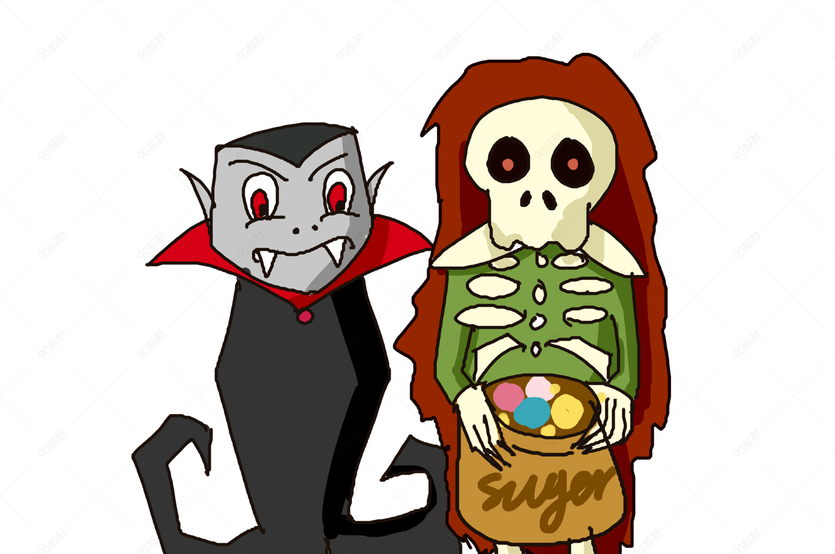 万圣节卡通手绘插画骷髅和吸血鬼