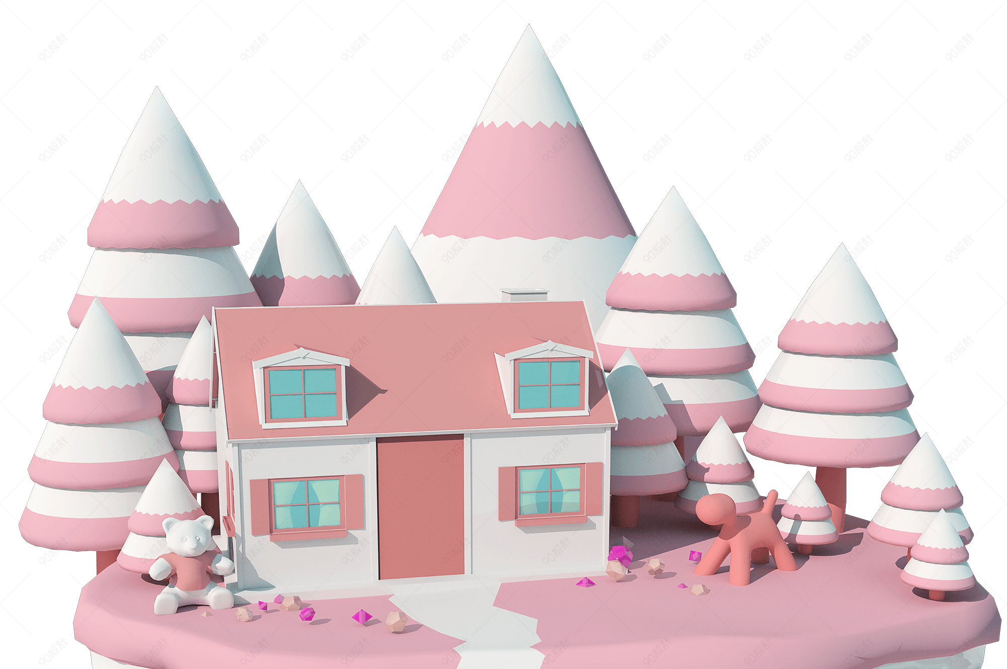 粉色梦幻3d卡通小房子立体c4d