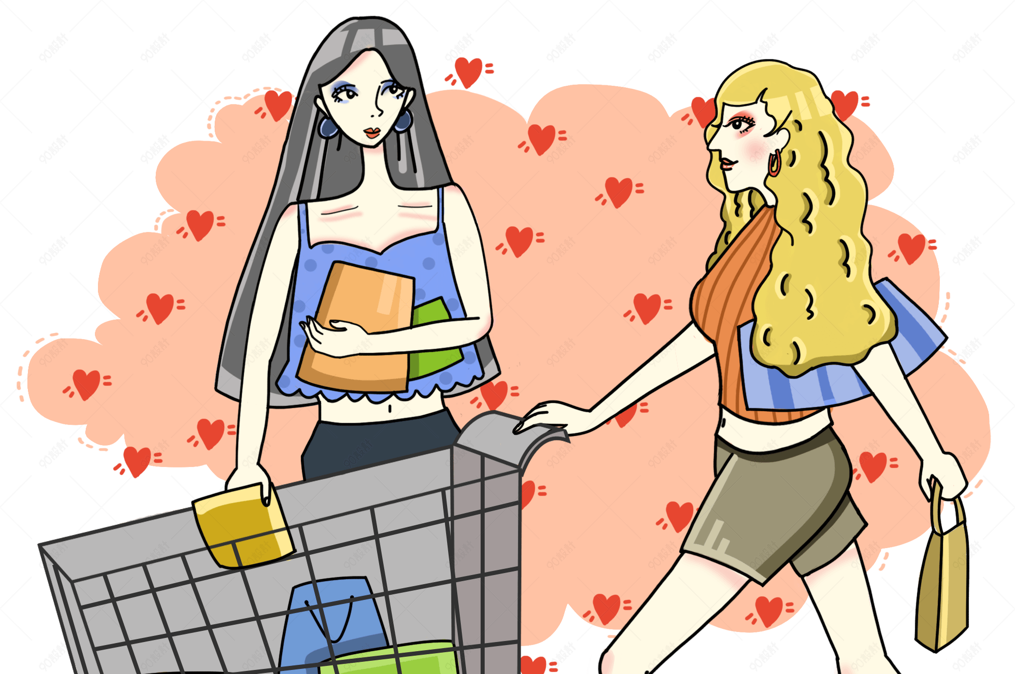 卡通手绘推车逛街购物买东西的时尚潮流女生