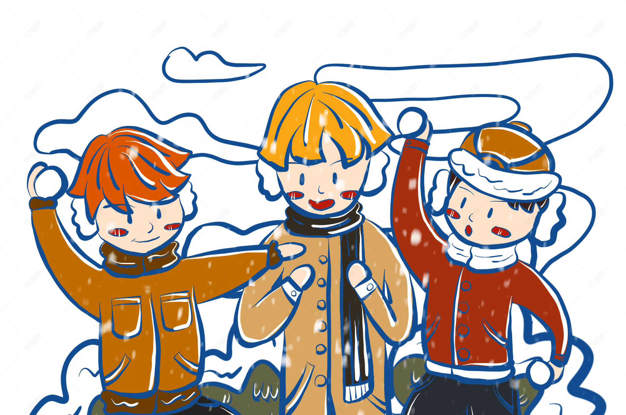 手绘卡通冬天打雪仗小伙伴玩耍小场景