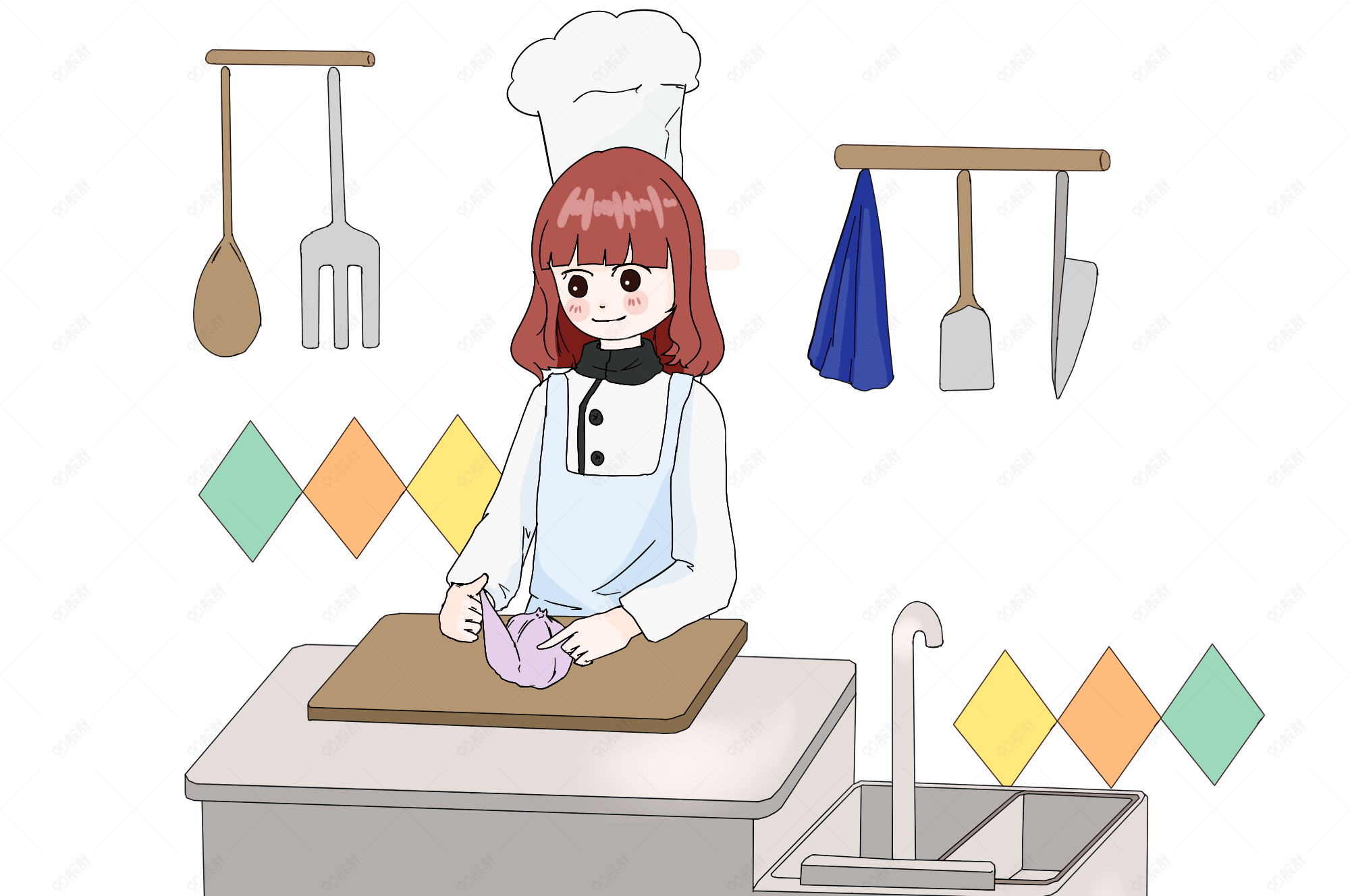 烹饪女厨师手绘插画