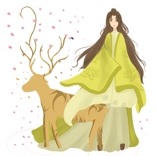 中国风女子和鹿手绘免抠图