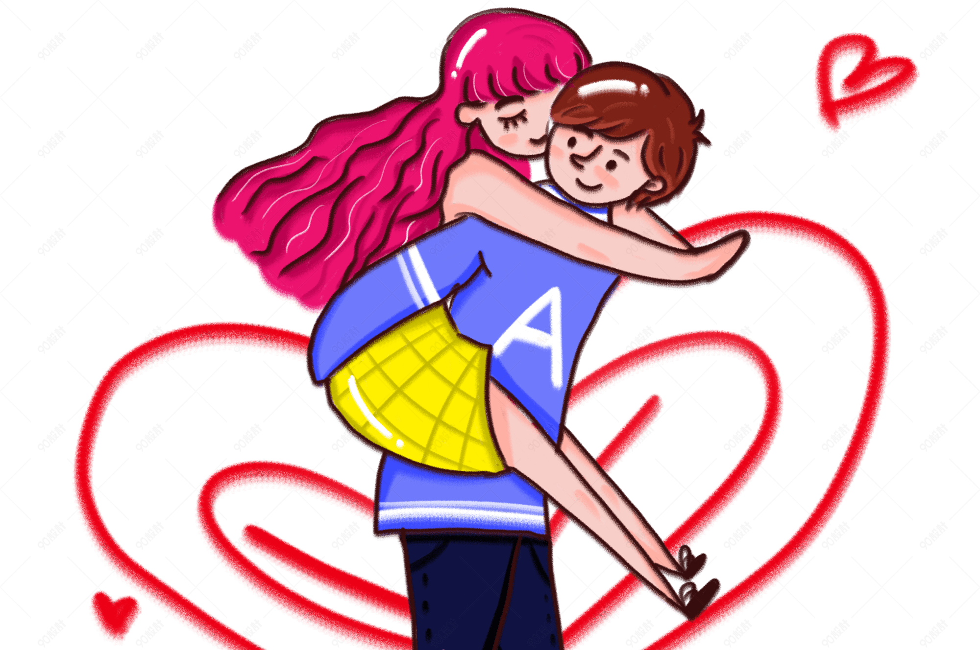 男朋友背着女朋友卡通秀恩爱插画