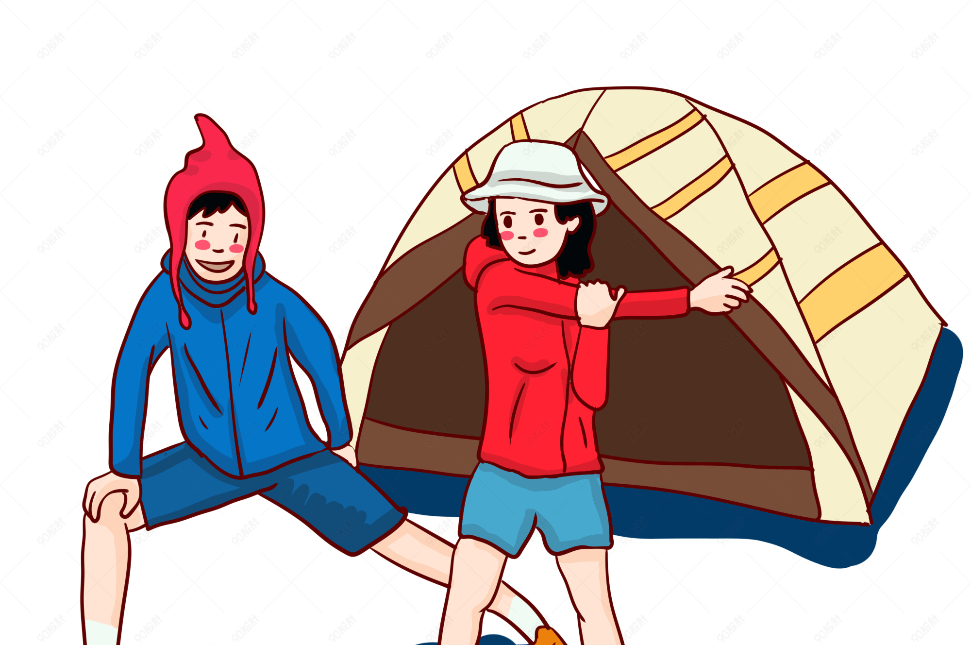 情侣出行野营搭帐篷休息插画