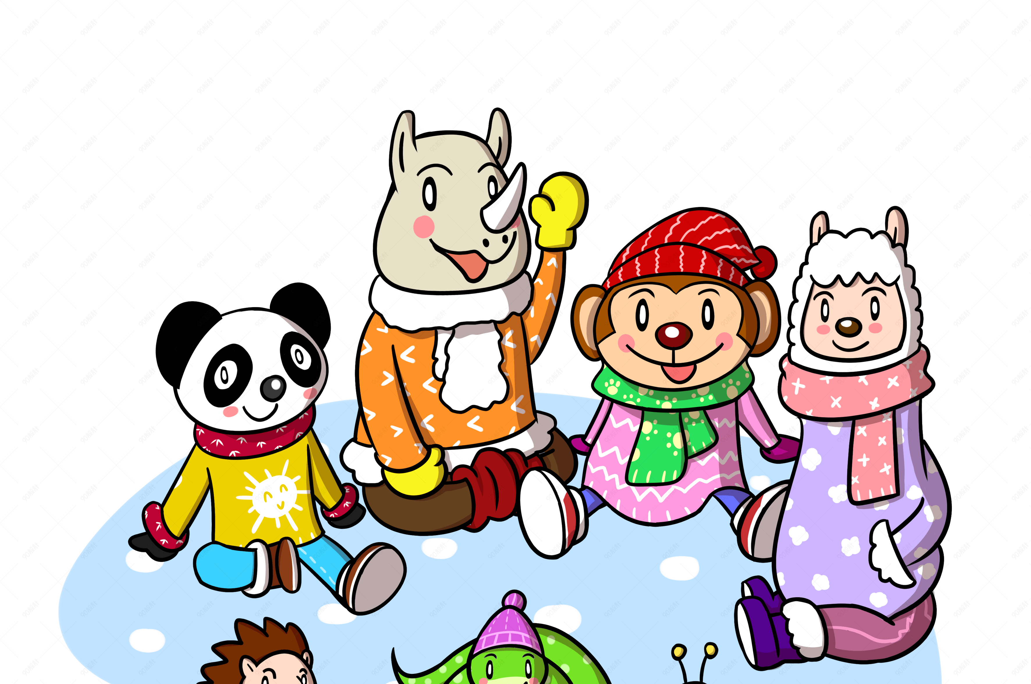 卡通冬季动物排排坐png透明底