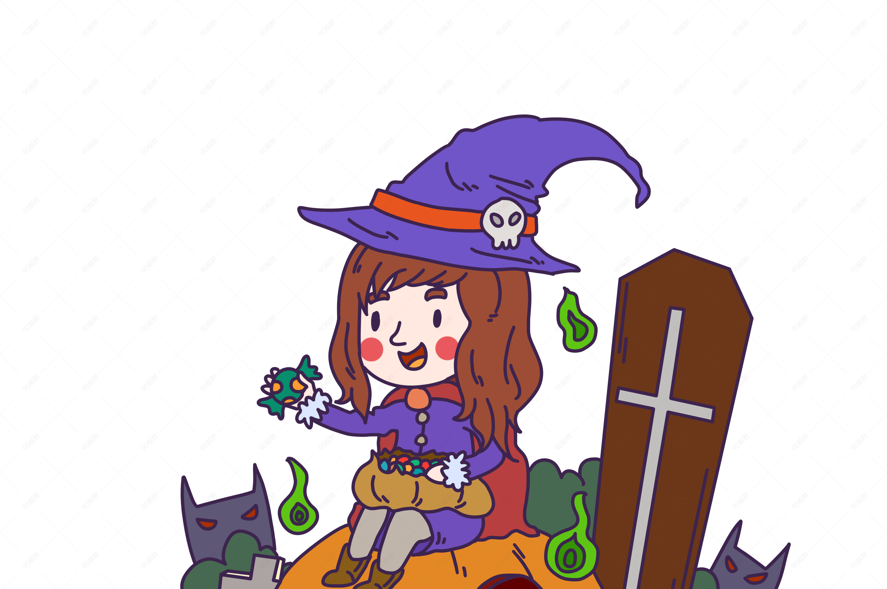 万圣节可爱的巫女卡通插画