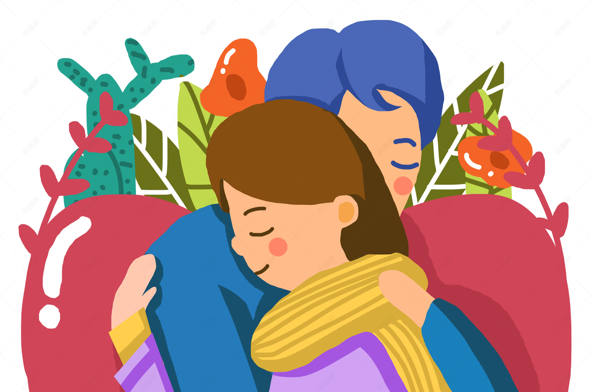 拥抱在一起的卡通时尚情侣插画