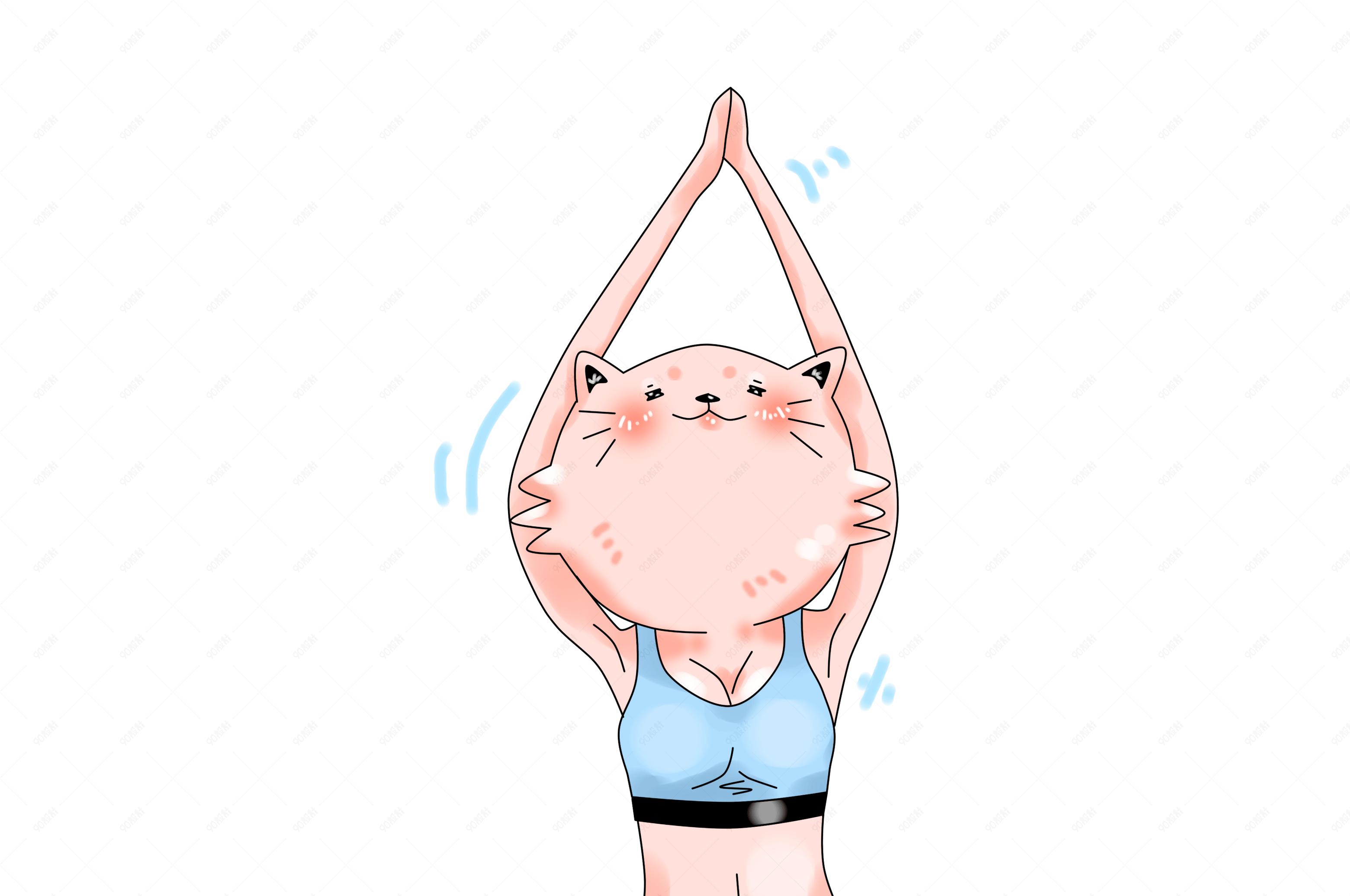 卡通手绘原创做瑜伽运动的粉红猫女郎插画png