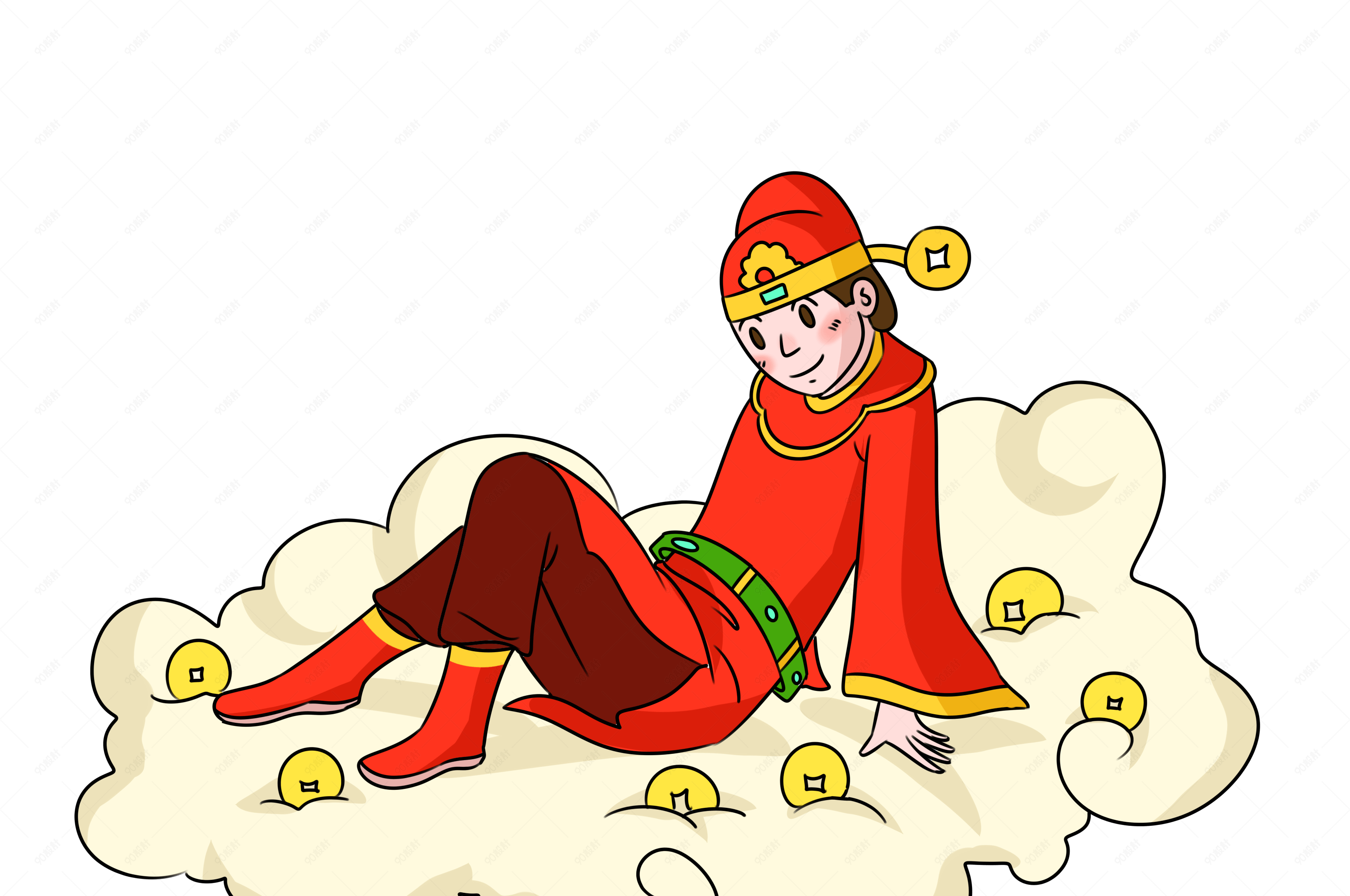 财神爷和云朵手绘插画