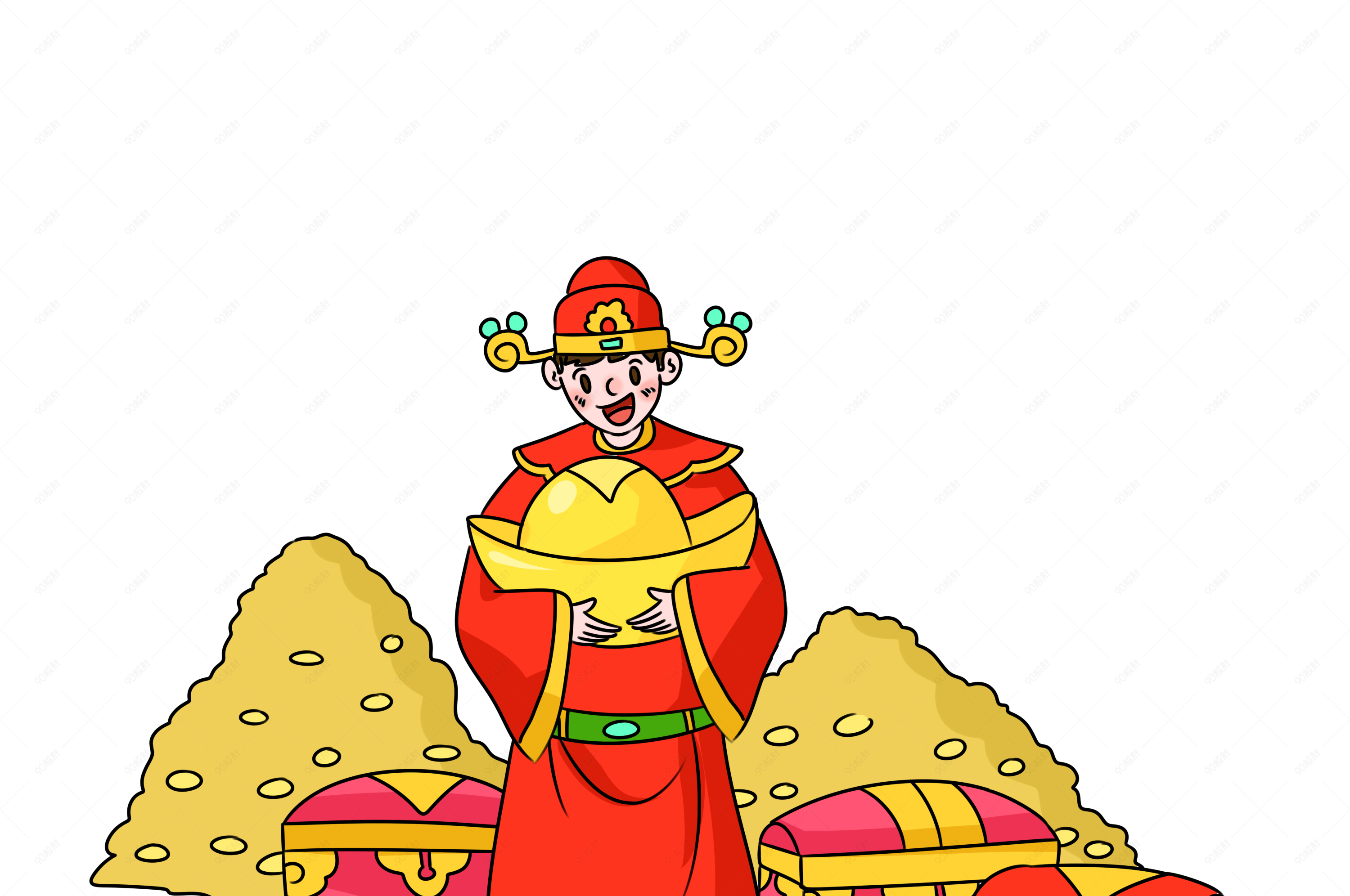金色元宝和财神爷手绘插画