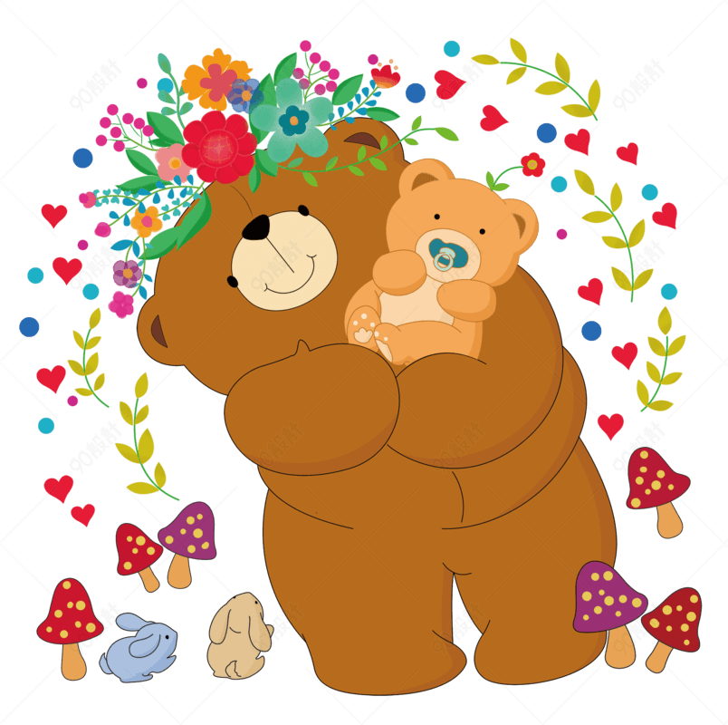 大熊抱着小熊手绘树叶手绘抱着小熊的大熊