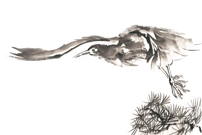 松树枝头的飞鸟水墨画png免抠素材