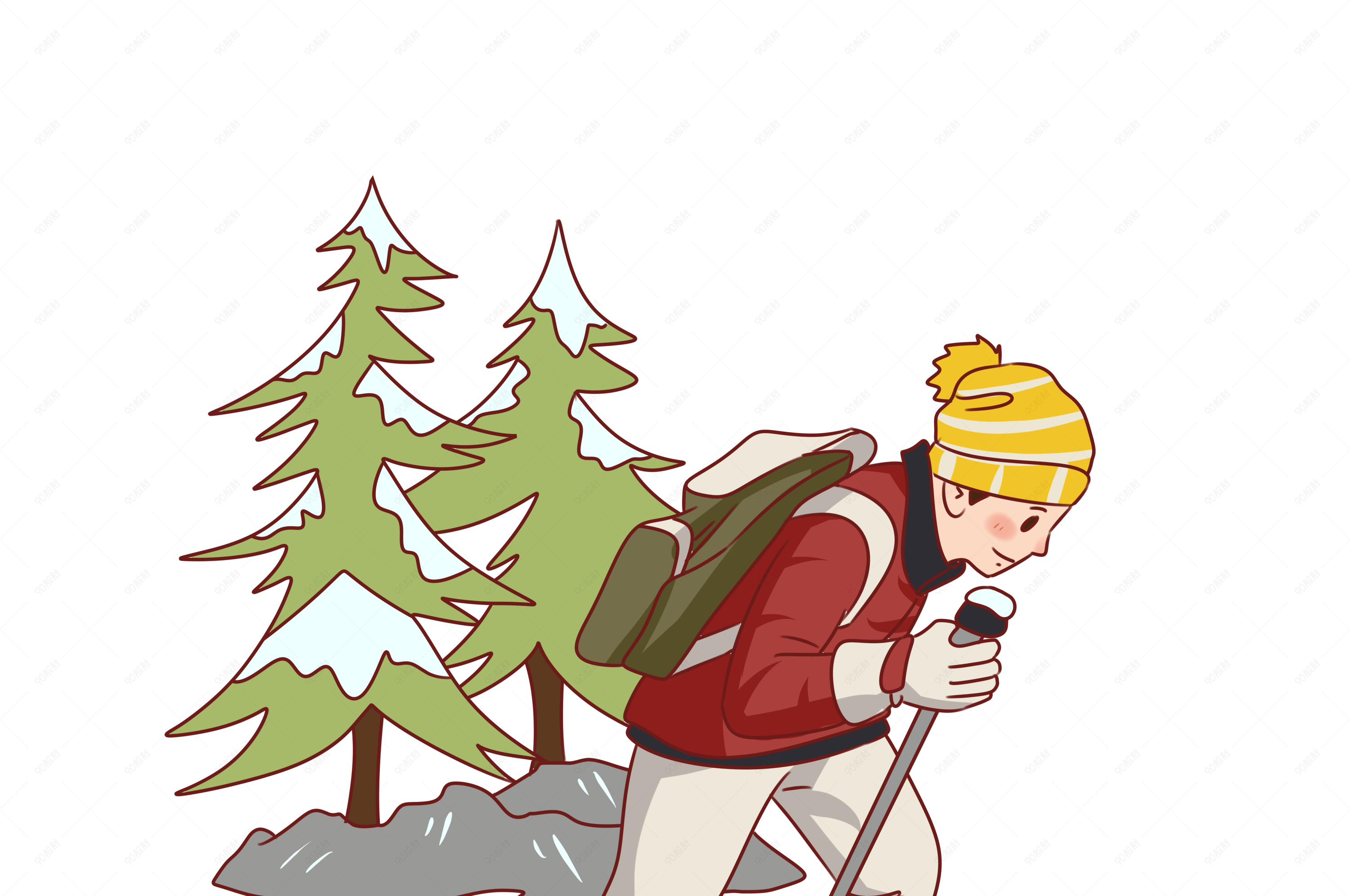手绘冬季旅游爬雪山运动插画