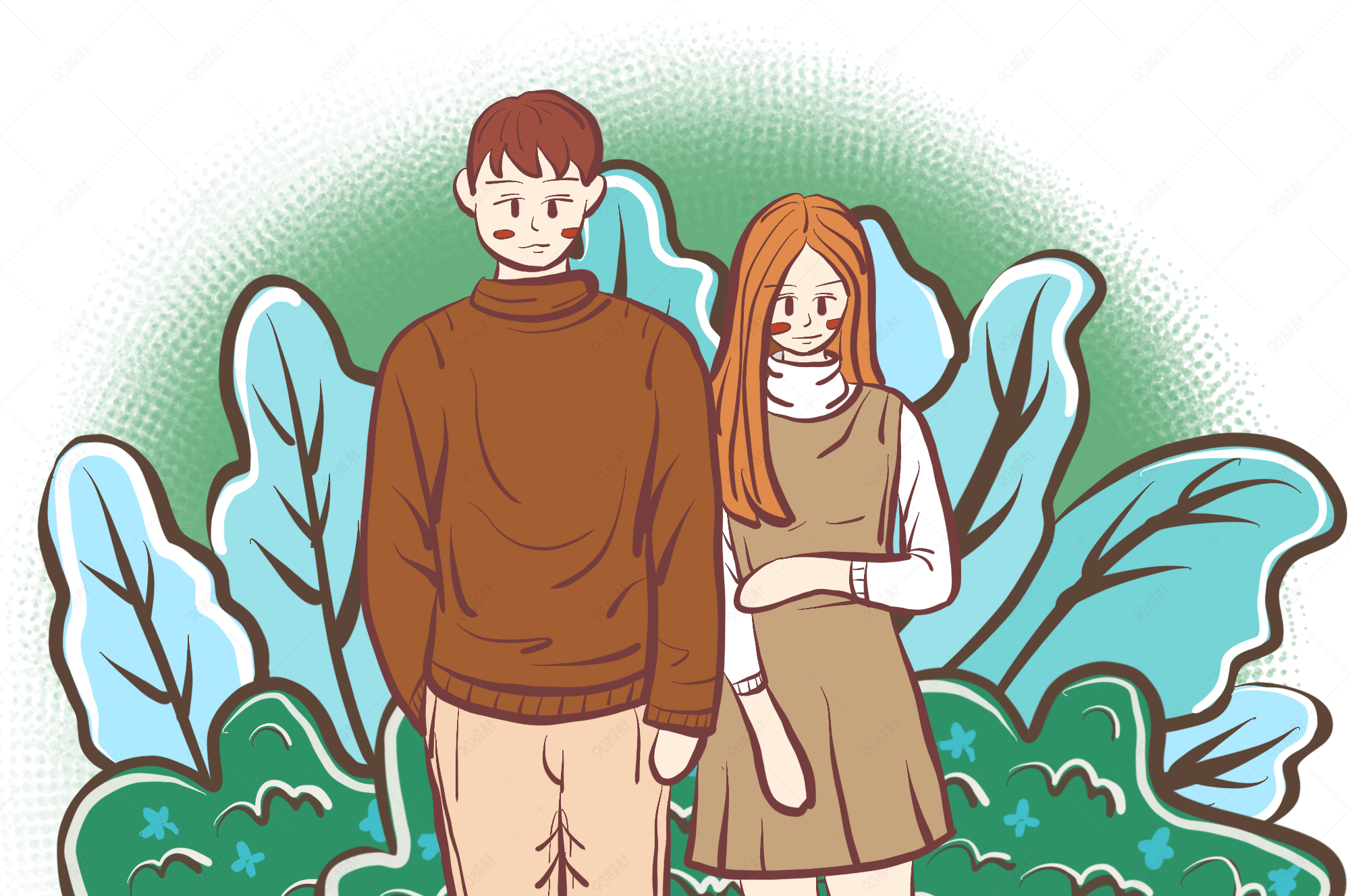 手绘时尚情侣文艺清新手绘小插画