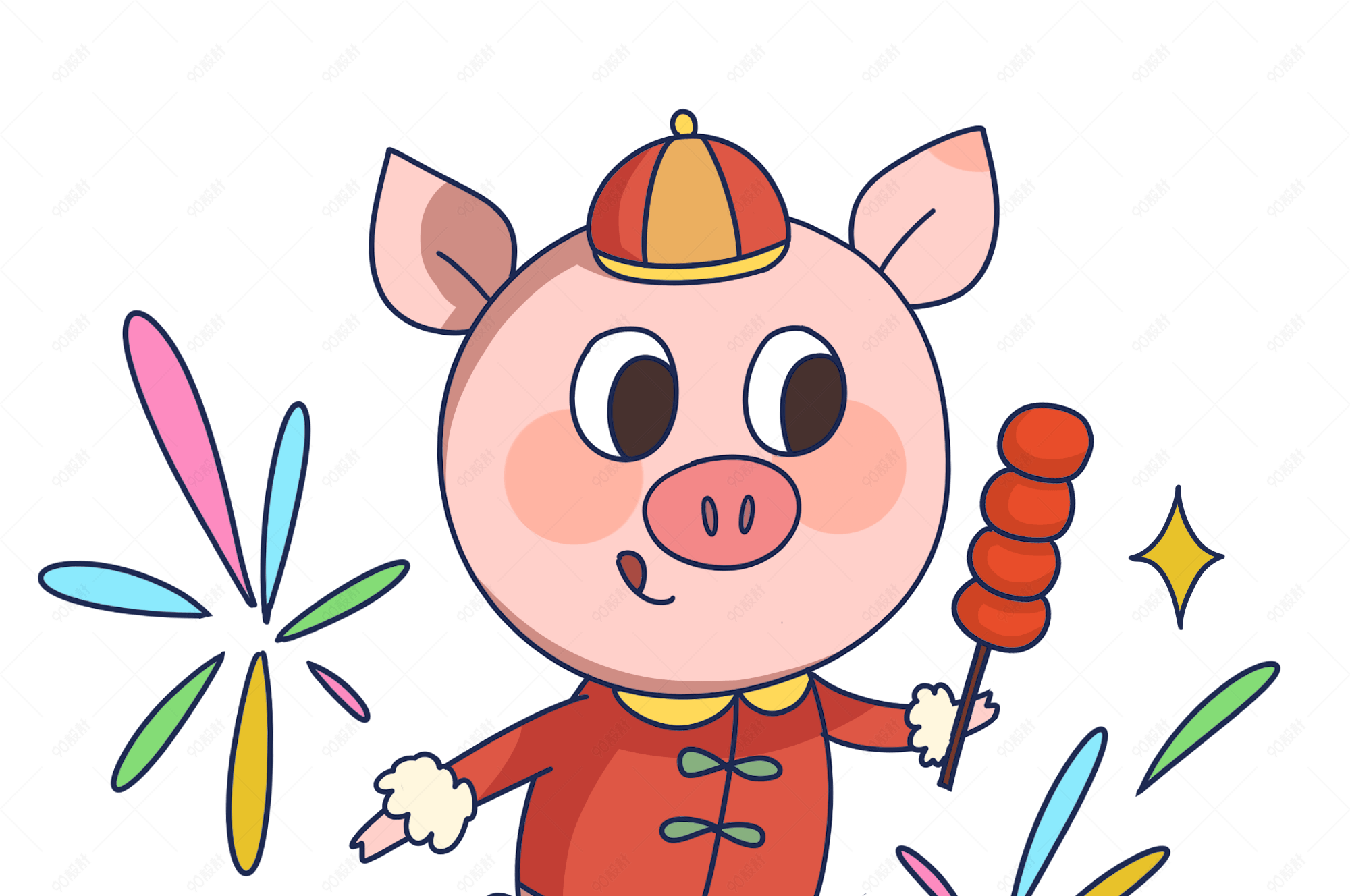 手绘新年手拿葫芦串小猪插画