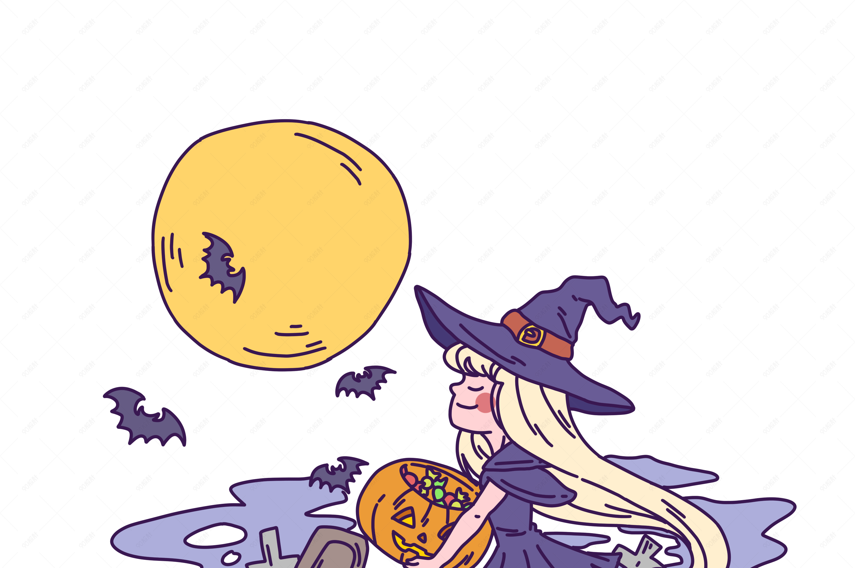 卡通手绘万圣节女巫抱南瓜插画
