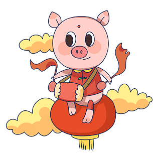 手绘新年打腰鼓小猪插画