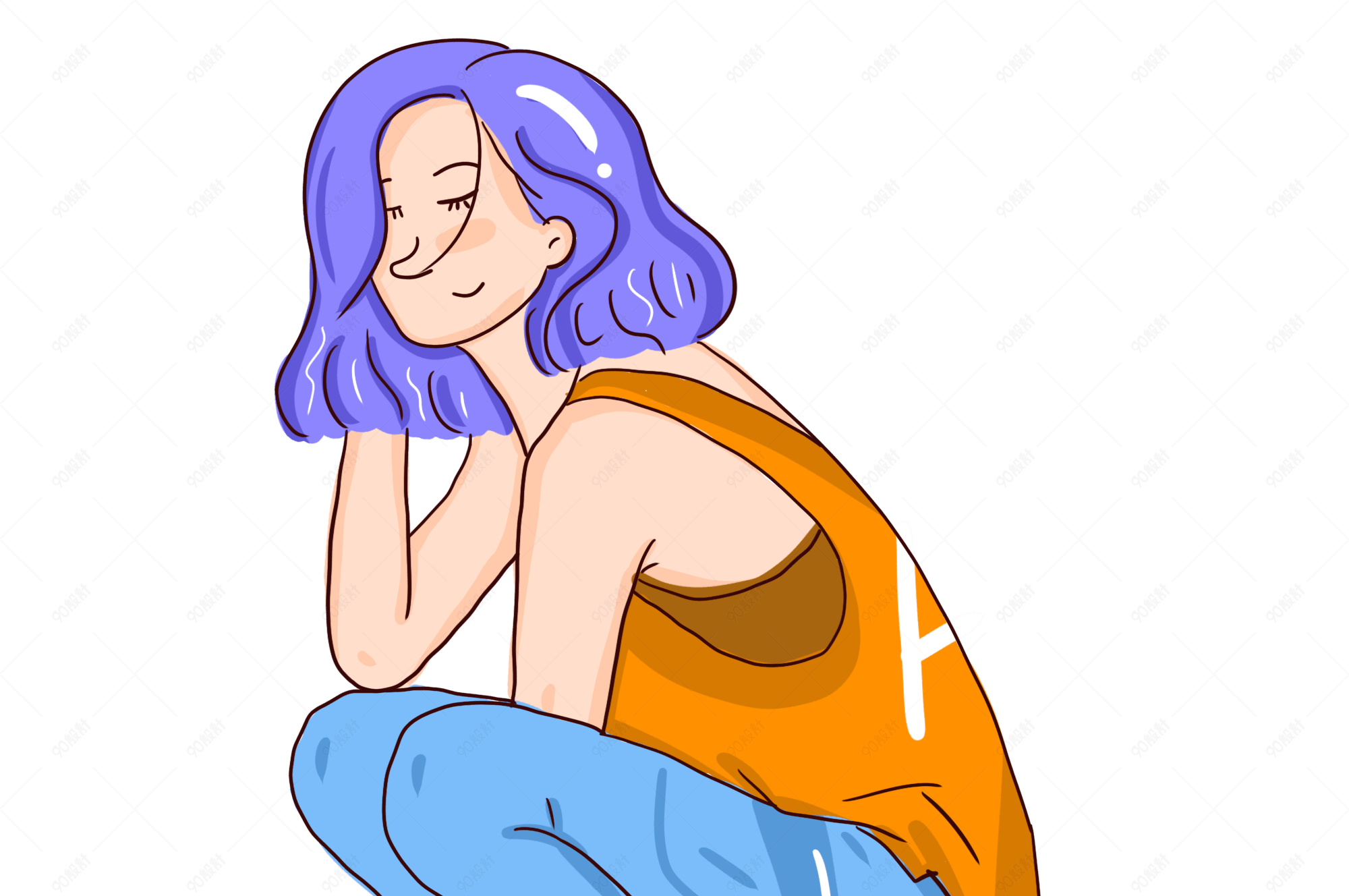 蹲着女生简约手绘插图psd源文件