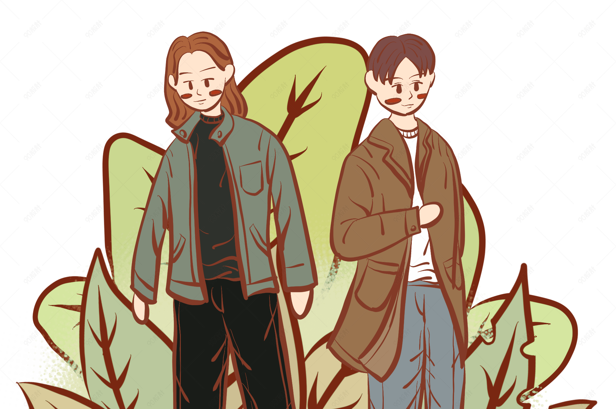 手绘时尚青年文艺复古风小插画